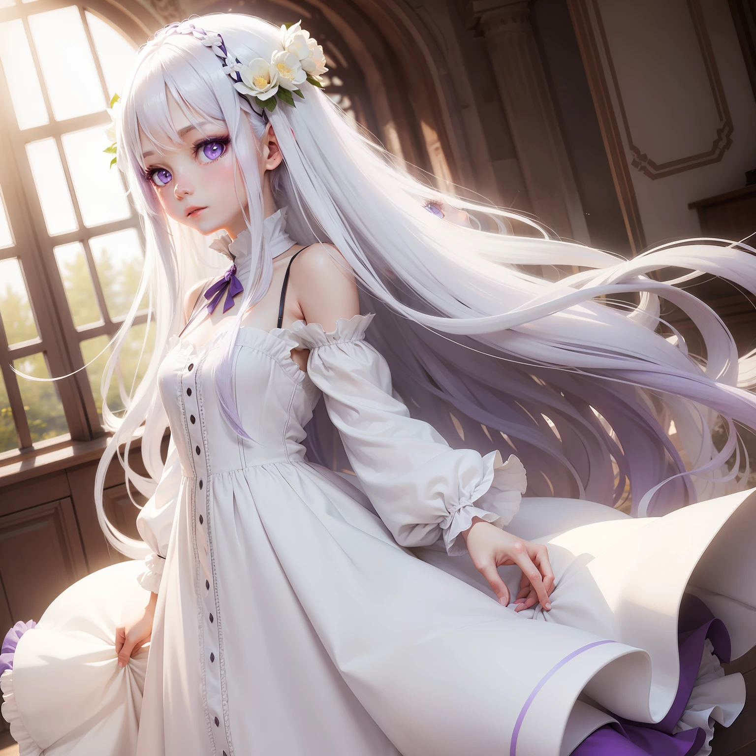 a girl, long white hair, purple eyes, white dress