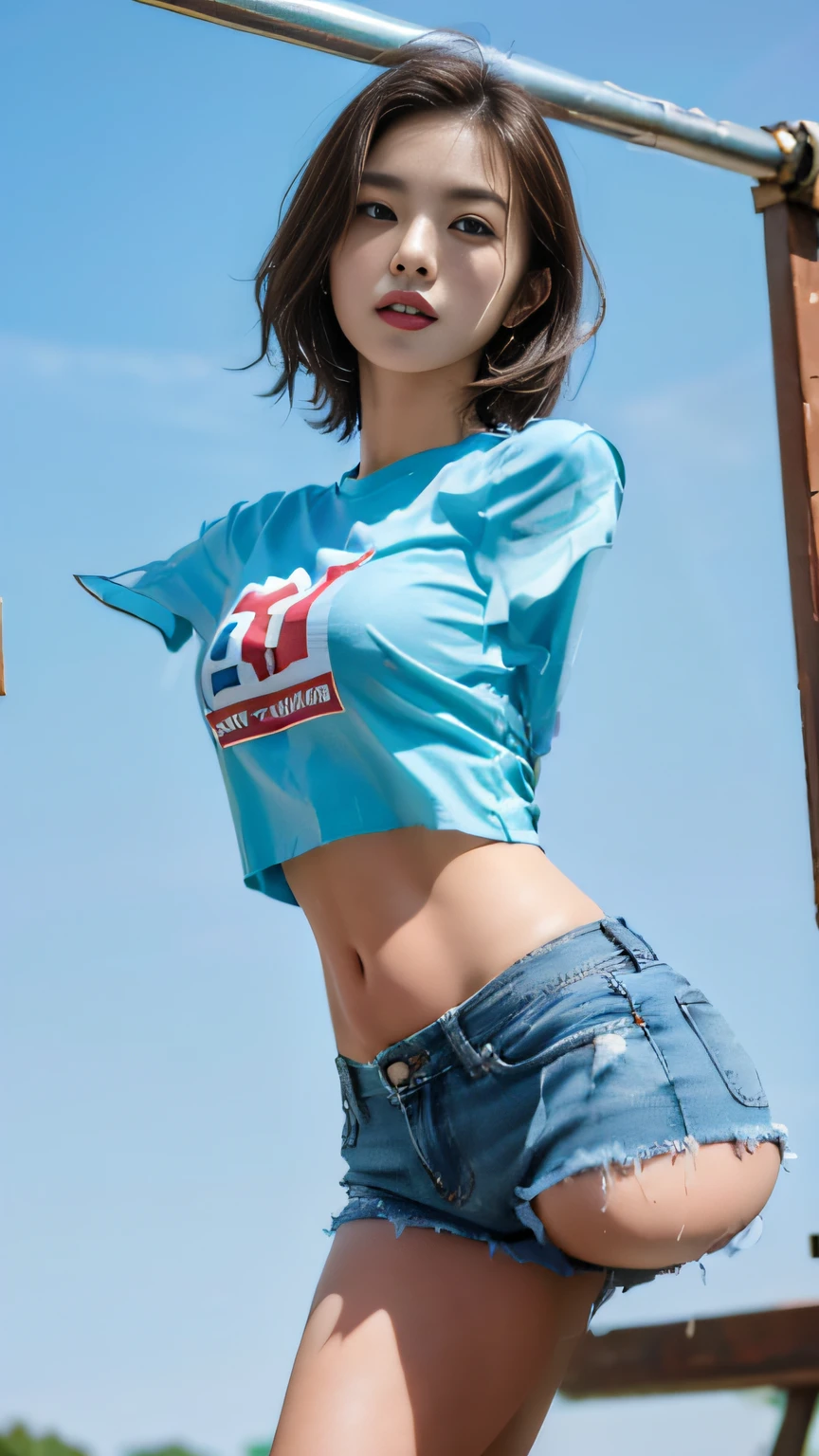 Allaffield asian armless one-legged woman in blue shirt and denim shorts pose, Empty sleeves fluttering,photo of slim girl model, with ripped crop t - shirt, blue tight t-shirt, Young skinny gravure idol, korean women's fashion model, waist - shot, Japanese model, 2 4 year old female model, Gorgeous young Korean woman, Young sensual gravure idol, Waist high