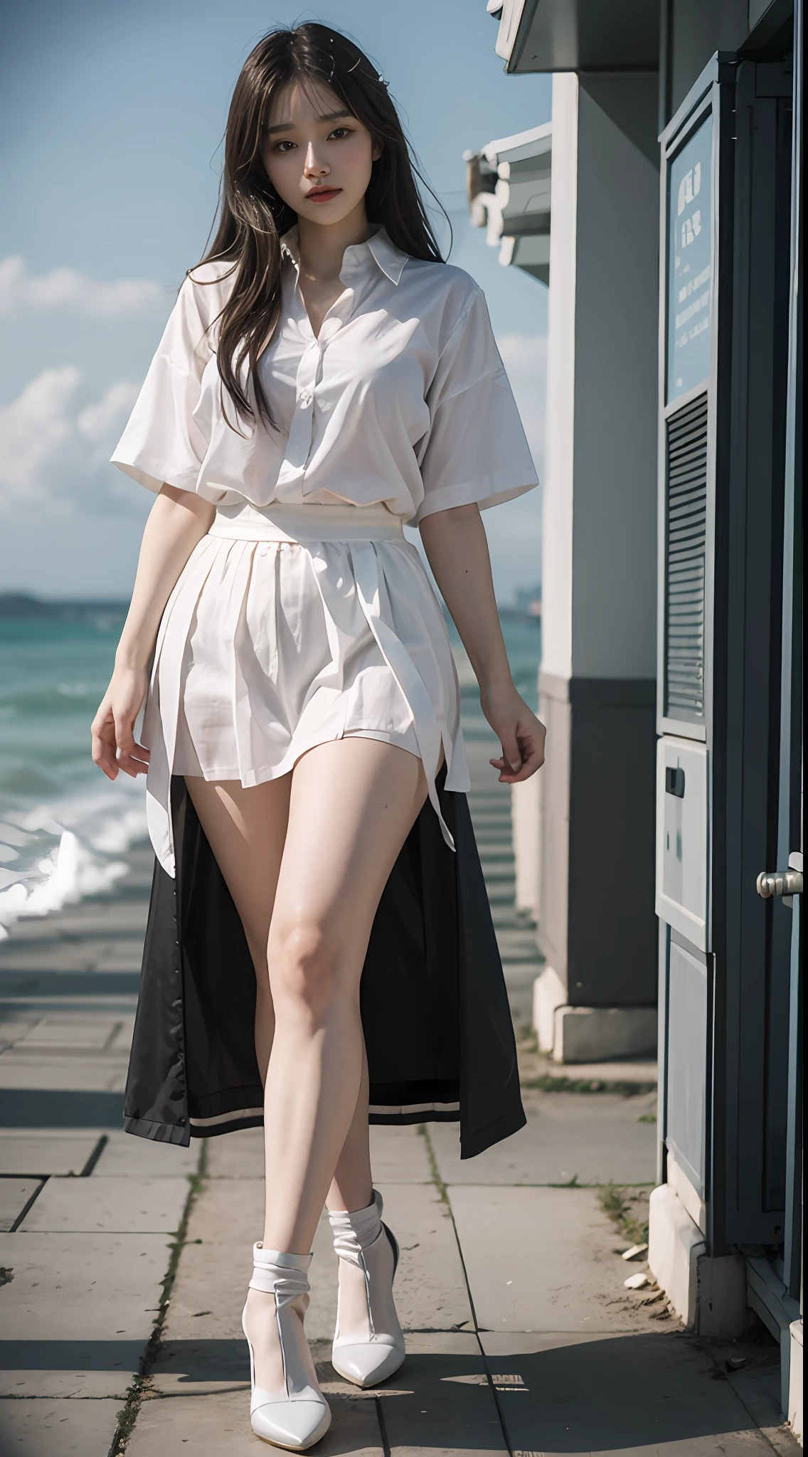 Alafi woman by the sea，Pure，Black silk pleated skirt，white  shirt，The legs are covered with white silk，Elongated legs，2 2 years old，thicc，She was about 26 years old，Height 170 cm，korean people，Delicate face，realisticlying，Japan High Cold Goddess，Large breasts，White stockings，Hand optimization，