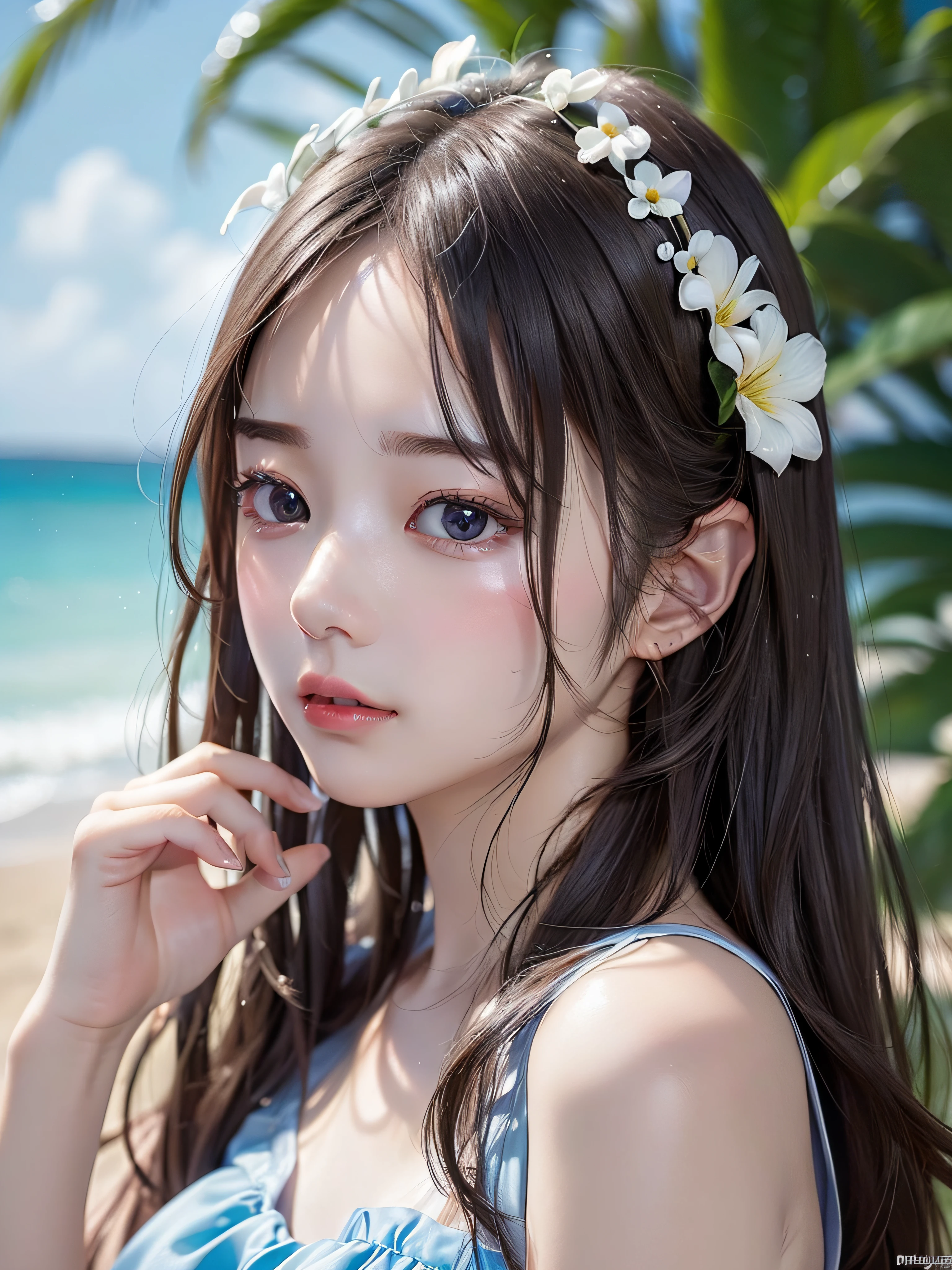 (Surreal)、(hight resolution)、(8K)、 (ighly detailed)、(Ultra clear skin pores)、(top-quality、​masterpiece:1.3)、a beauty girl、Beach background、It's hot