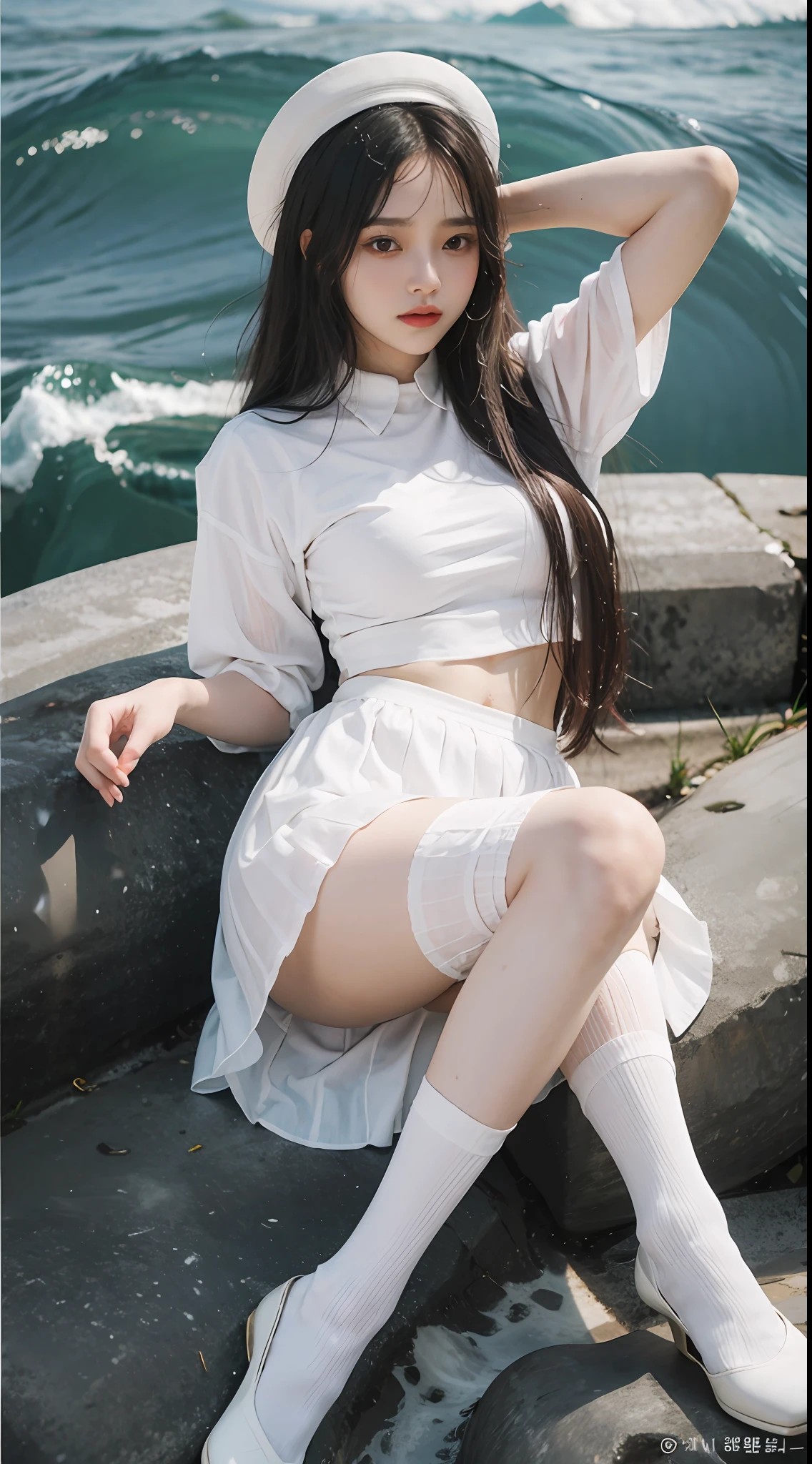 Alafi woman by the sea，Pure，Black silk pleated skirt，white  shirt，The legs are covered with white silk，Elongated legs，2 2 years old，thicc，She was about 26 years old，Height 170 cm，korean people，Delicate face，realisticlying，Japan High Cold Goddess，Large breasts，White stockings，Hand optimization，