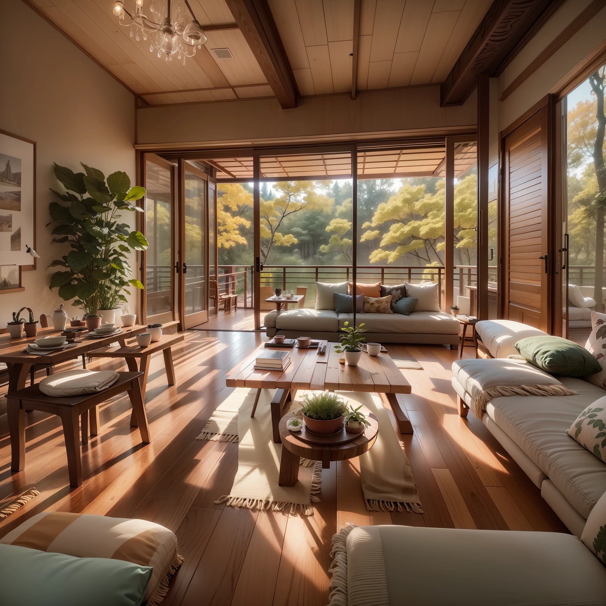 interior design、Insanely detailed wide-angle architectural photo、Cozy contemporary living room、(Bright and warm sunlight 1:0.1)、Award-winning contemporary interior design、landscapes、The table、a chair、in a house、Wooden flooring、window、resturant、east asian east asian architecture、sliding paper doors、abajour、architectural、the woods、naturey、cups、a plant、interior design、Insert lighting and shadows、depth of fields、low illuminance、