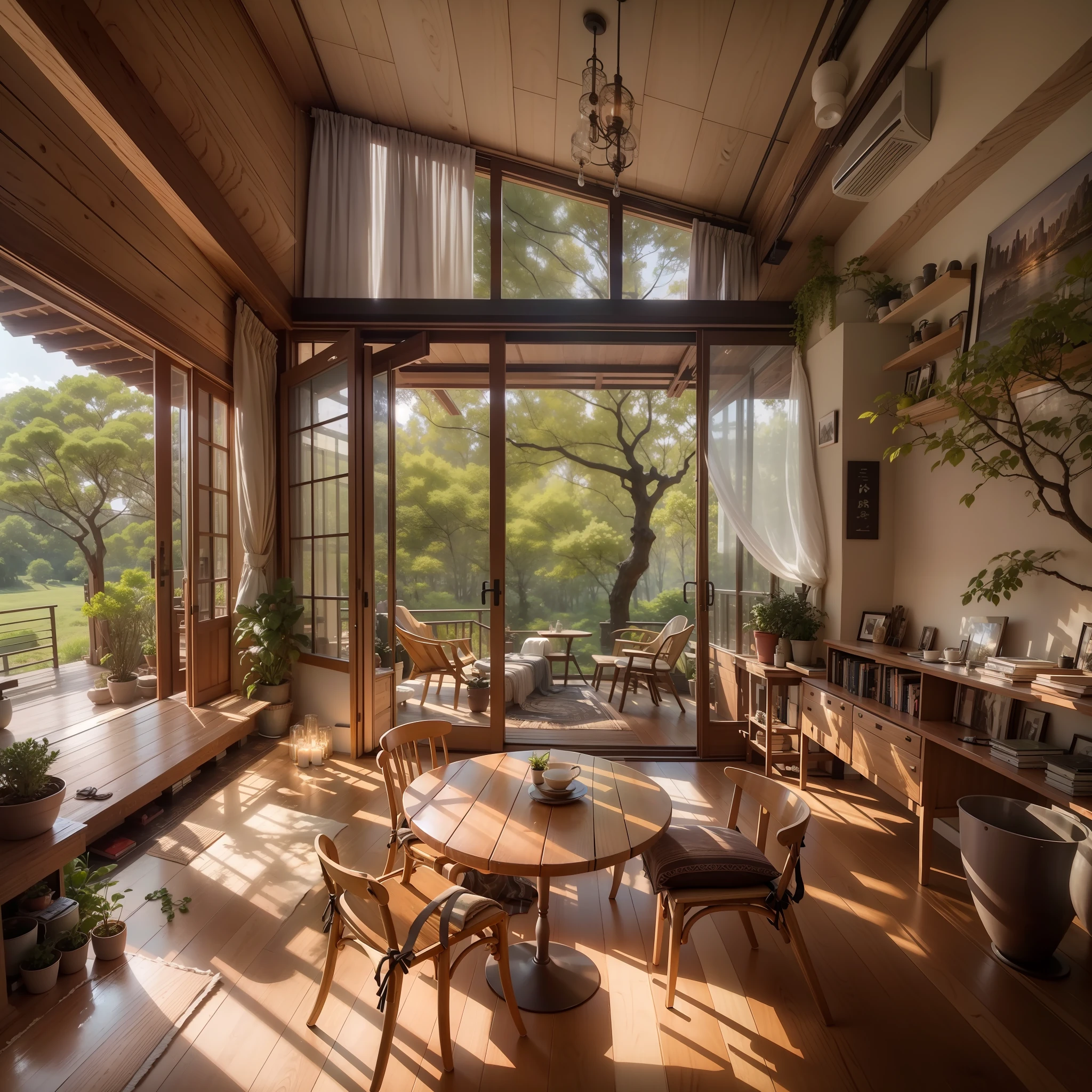 interior design、Insanely detailed wide-angle architectural photo、Cozy contemporary living room、(Bright and warm sunlight 1:0.1)、Award-winning contemporary interior design、landscapes、The table、a chair、in a house、Wooden flooring、window、resturant、east asian east asian architecture、sliding paper doors、abajour、architectural、the woods、naturey、cups、a plant、interior design、Insert lighting and shadows、depth of fields、low illuminance、