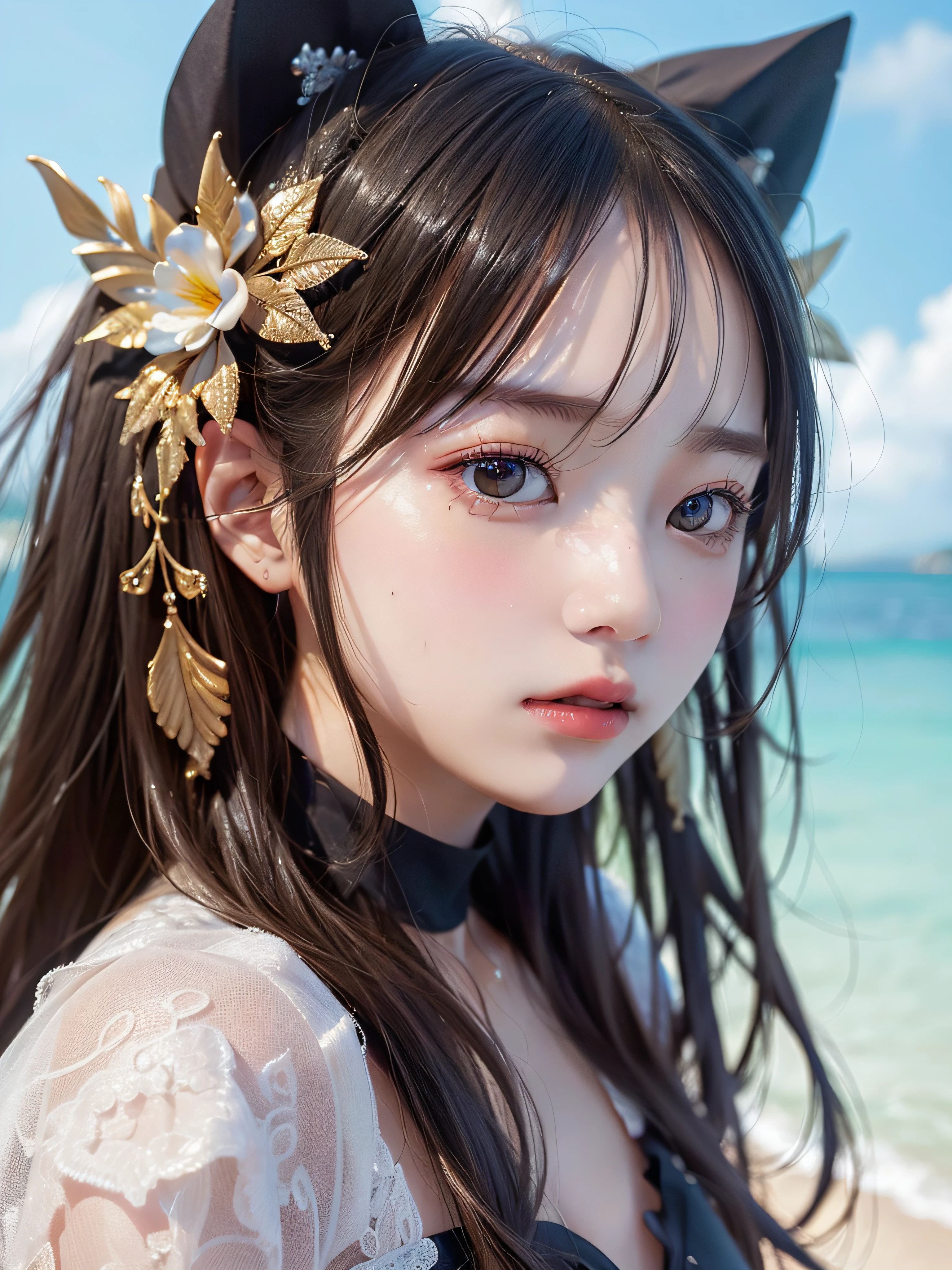 (Surreal)、(hight resolution)、(8K)、 (ighly detailed)、(Ultra clear skin pores)、(top-quality、masterpiece:1.3)、a beauty girl、Beach background、It's hot