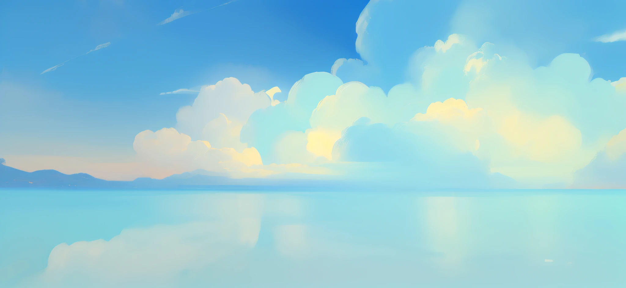 There is a painting,Where the sea and sky meet,There are some balloons in the sky,The sky is a little bluer,Add more cloud fragments,There is a feeling of wind blowing,Manhwa Style,high detail digital painting,Marine sketch in MS paint,in style of ghibli,Once a digital painting,smooth.Digital painting,digital 4k painting,Anime Sky,arte de fundo,drawn in anime painter studio,speedpaint。