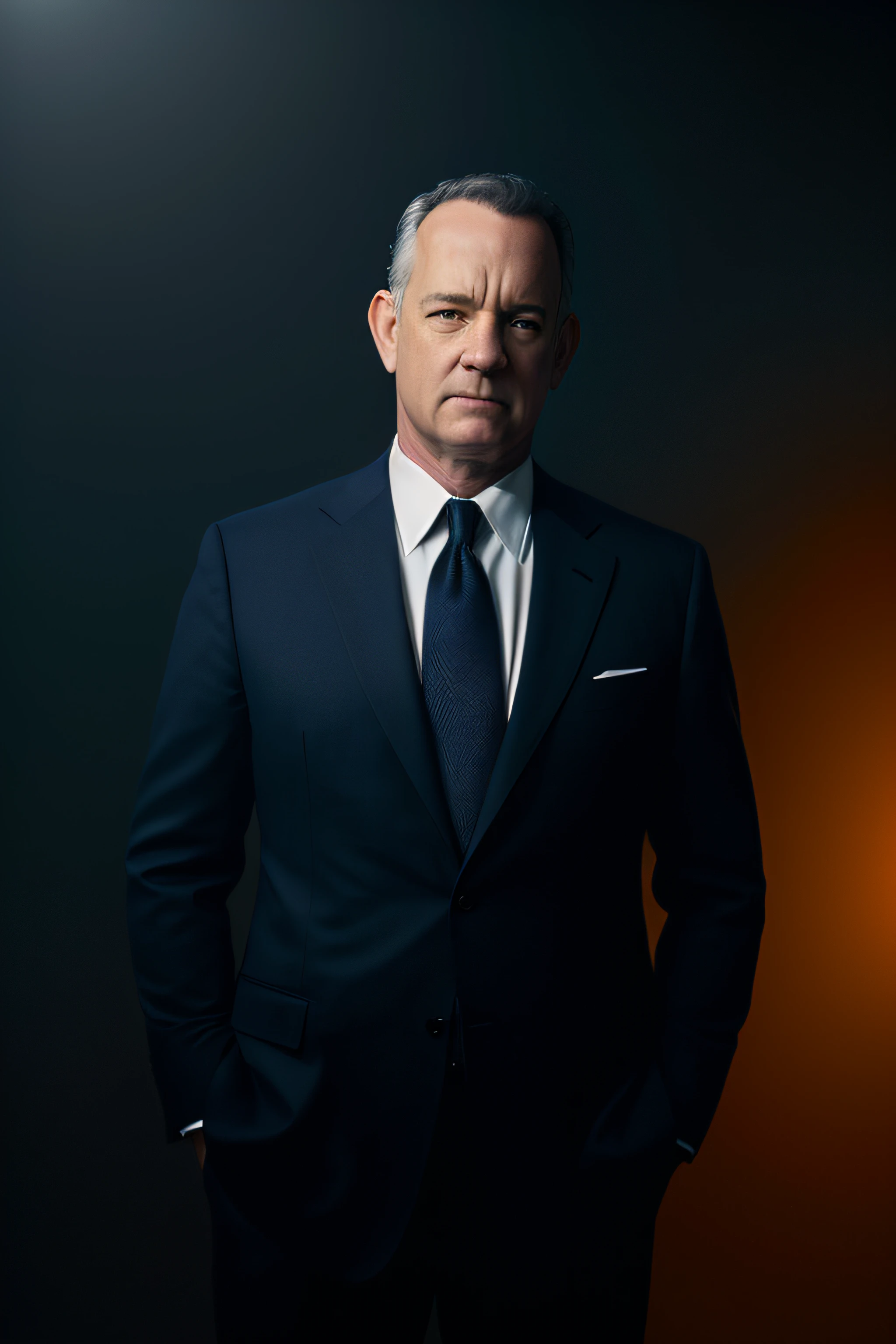 retrato realista de uma foto premiada de Tom hanks, posing in a dark suit in a dark studio, (Rim lighting,: 1.4) dual-tone lighting, foco nítido, Blue-oil hue, octanagem, irreal, mal iluminado, chave baixa,