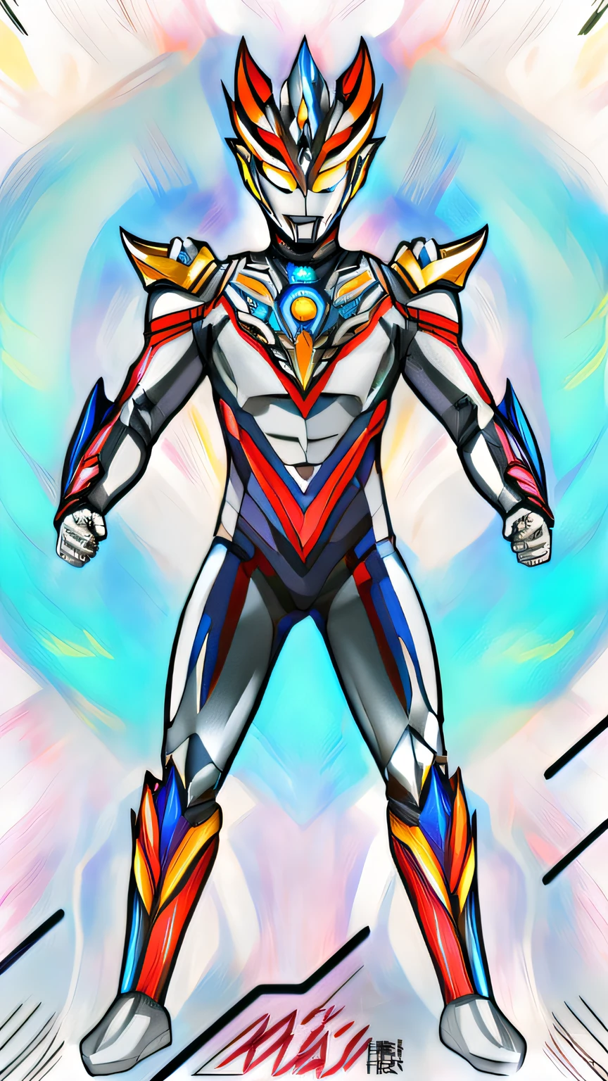 Close-up of a drawing of a man in a suit, an epic anime of a energy man, ultra hyper-detailed, ultra mega super hyper detail, SSSS.gridman, Ultraman, tokusatsu suit vaporwave, style of ssss.gridman (2018), high detailed official artwork, cyber fight armor, wearing thunder armor, offcial art
