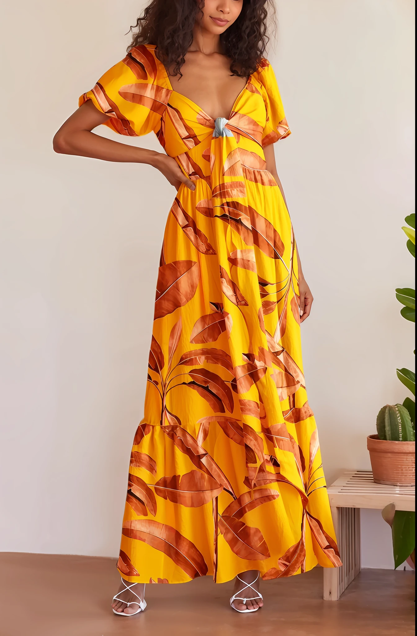 uma mulher em um vestido amarelo em frente a uma parede branca, vestido ornamentado amarelo, Flowing dress, senhora usando vestido amarelo, vestido de folhas, graphic print, figura feminina no maxi vestido, vestido de selva, vestido longo, elegantes estampas tropicais, summer dress, usando um vestido longo, Wearing a flowing dress, vibe tropical, vestido de sol, wearing a flowing sundress