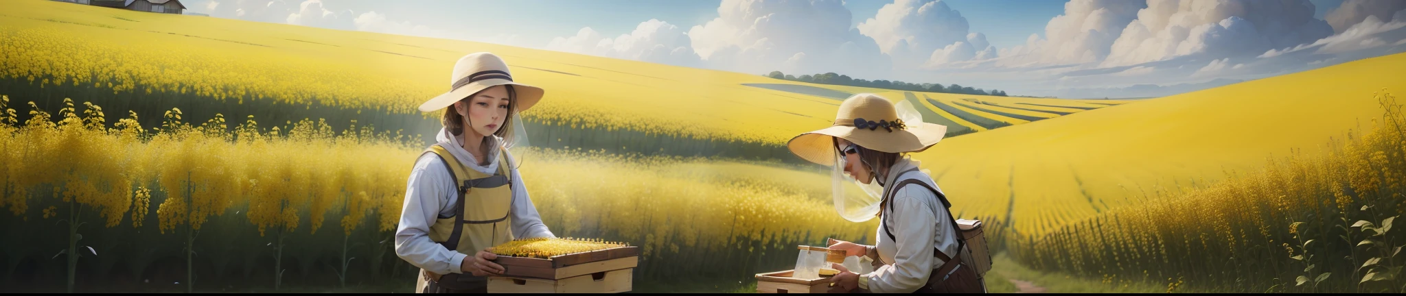 Beekeeping couple、Bees fly、rapeseed blossoms、blue-sky、Rustic,high definition detail、Soft light、Photoreal