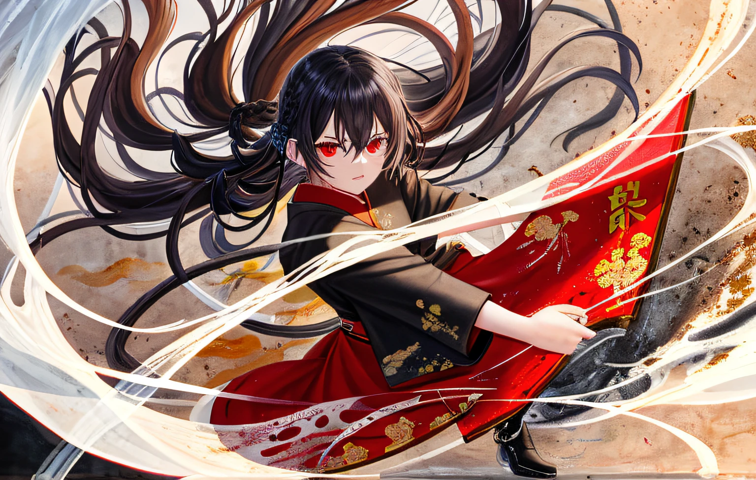 melting, abstract, [1boy who has white hair, short hair with long locks,small breast ,messy hair, red eyes,long sleeves ,Taoist robe,oversized clothes is melting and splashing],splash,hyper detailed,backlighting,sand, water,black background, dust clodust,water splash,long hair, boots, 1boy, very long hair, braid, black hair, bug, bird, branch, looking at viewer, yellow eyes, red footwear, brown hair, traditional media, (((Ink painting style))),(((Chinese Painting))),