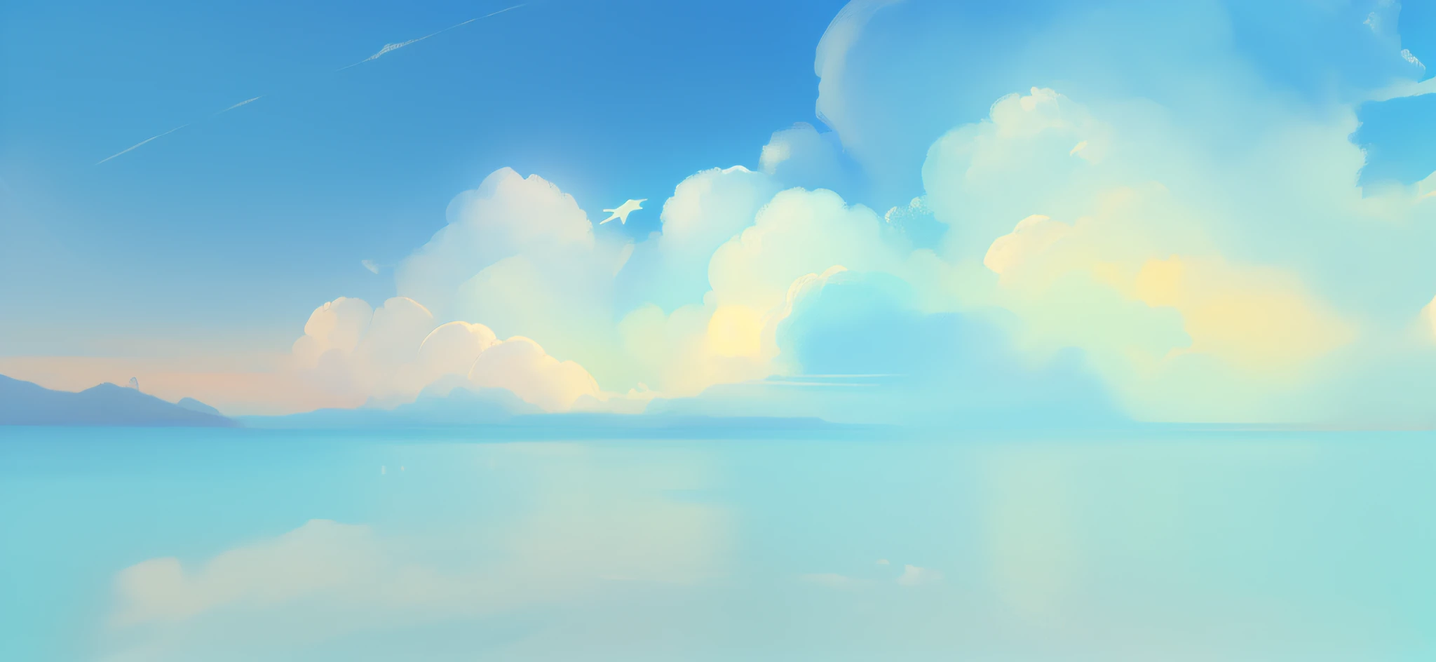 There is a painting，Where the sea and sky meet，There are some balloons in the sky，The sky is a little bluer，Add more cloud fragments，There is a feeling of wind blowing，Manhwa Style，high detail digital painting，Marine sketch in MS paint，in style of ghibli，Once a digital painting，smooth.Digital painting，digital 4k painting，Anime Sky，arte de fundo，drawn in anime painter studio，speedpaint。