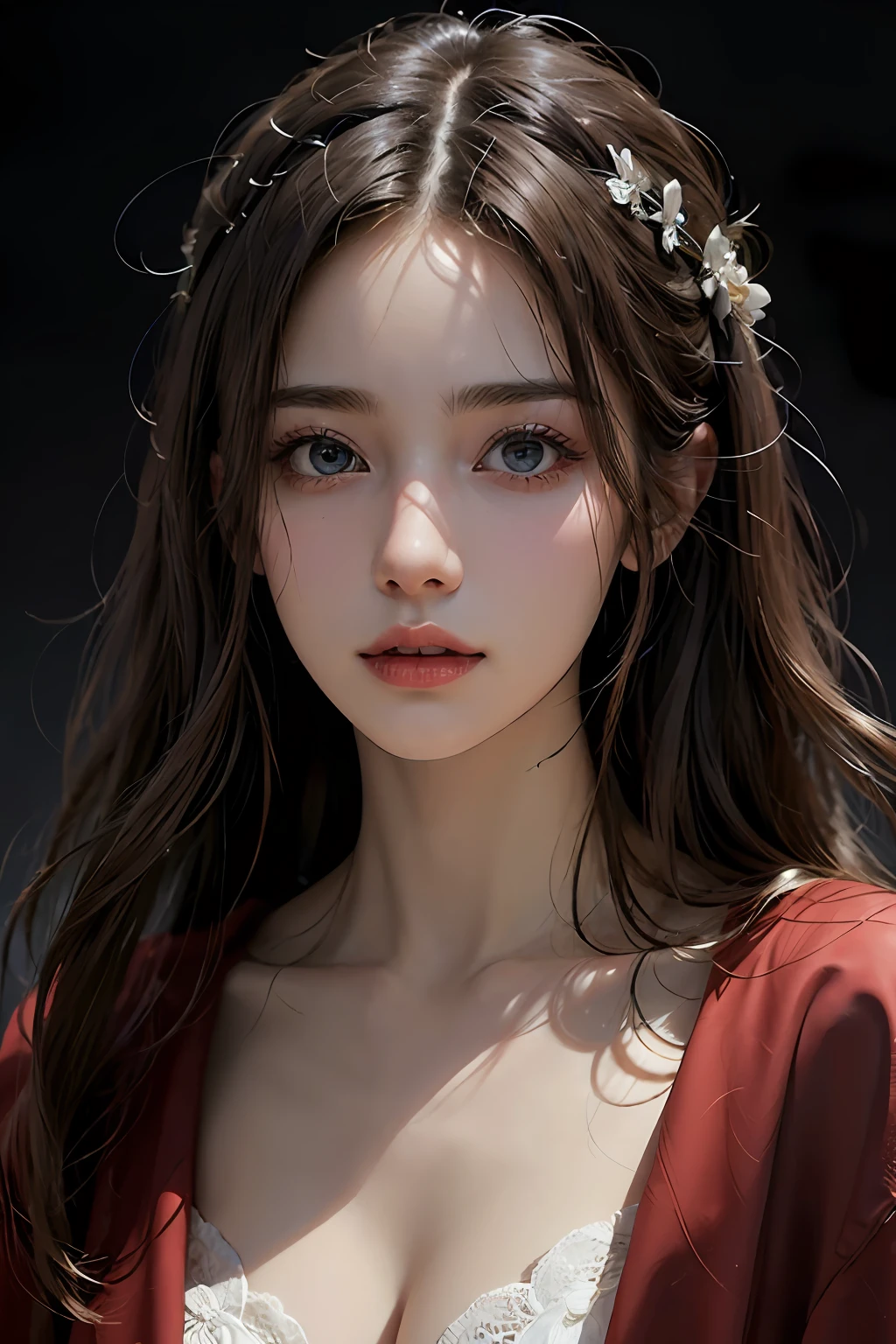 "((ultra-realistic realism+Pure),eyes with brightness,White Skin Skin),hight contrast,High-definition image quality,Dynamic tilt,High nose,Magnificent palace,Flare effect,Realistic details,Unity 8k壁纸,Super fine,A masterpiece of beauty,top-quality,Glows skin,movie level lighting,The red robe fluttered,Sweet and lovely,cabelos preto e longos。"