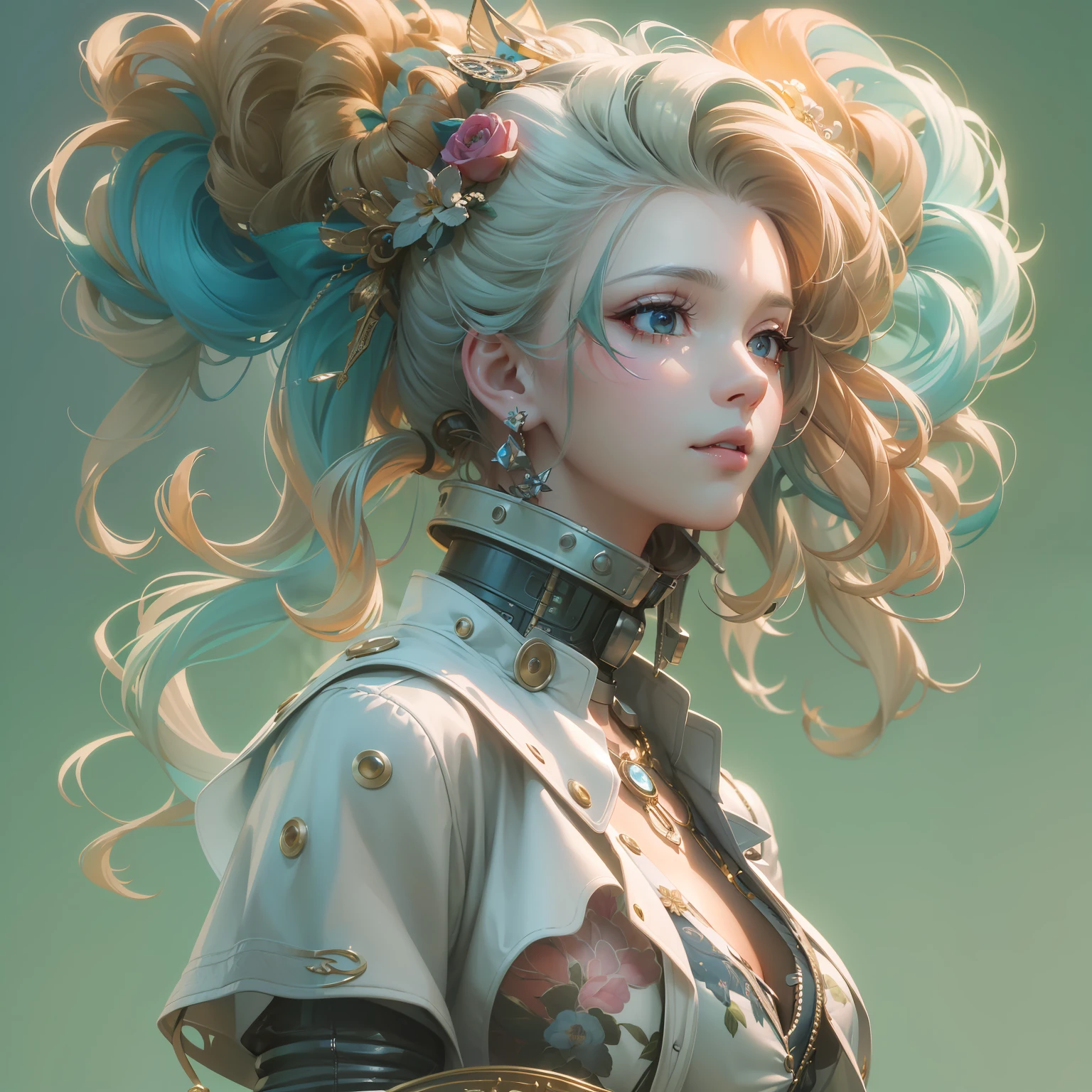 (((masterpiece)))、(((top-quality)))、((ultra-definition))、(High Definition CG Illustration)、((extremely delicate and beautiful))、、Cinematic Light、独奏、full body Esbian、cyberpunked、2040s、animesque、dreamy cyberpunk girl、rainbow hair、Renaissance style、Marie Antoinette style、trending on artstationh、Rachel Walker、