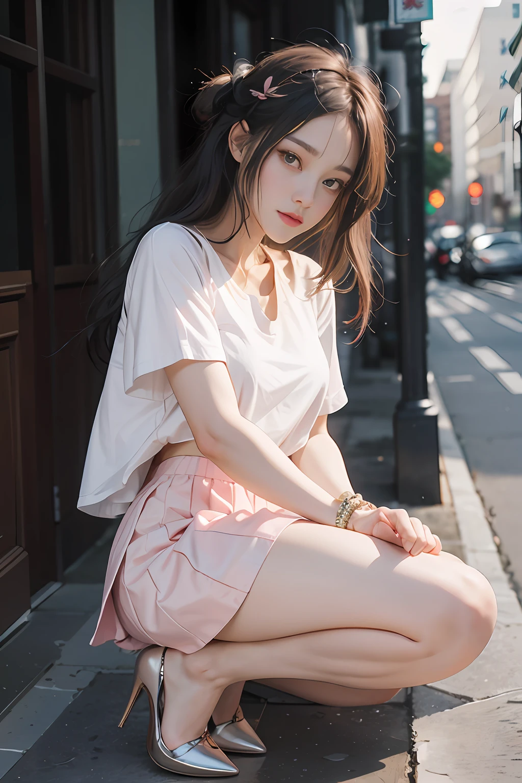 (tmasterpiece),(best qualtiy),realisticlying,Movie light,perfect bodies,Pink eyes,Yellow head。SideBraid,White top,black short skirt,Delicate bracelet,Pink high heels,slenderlegs