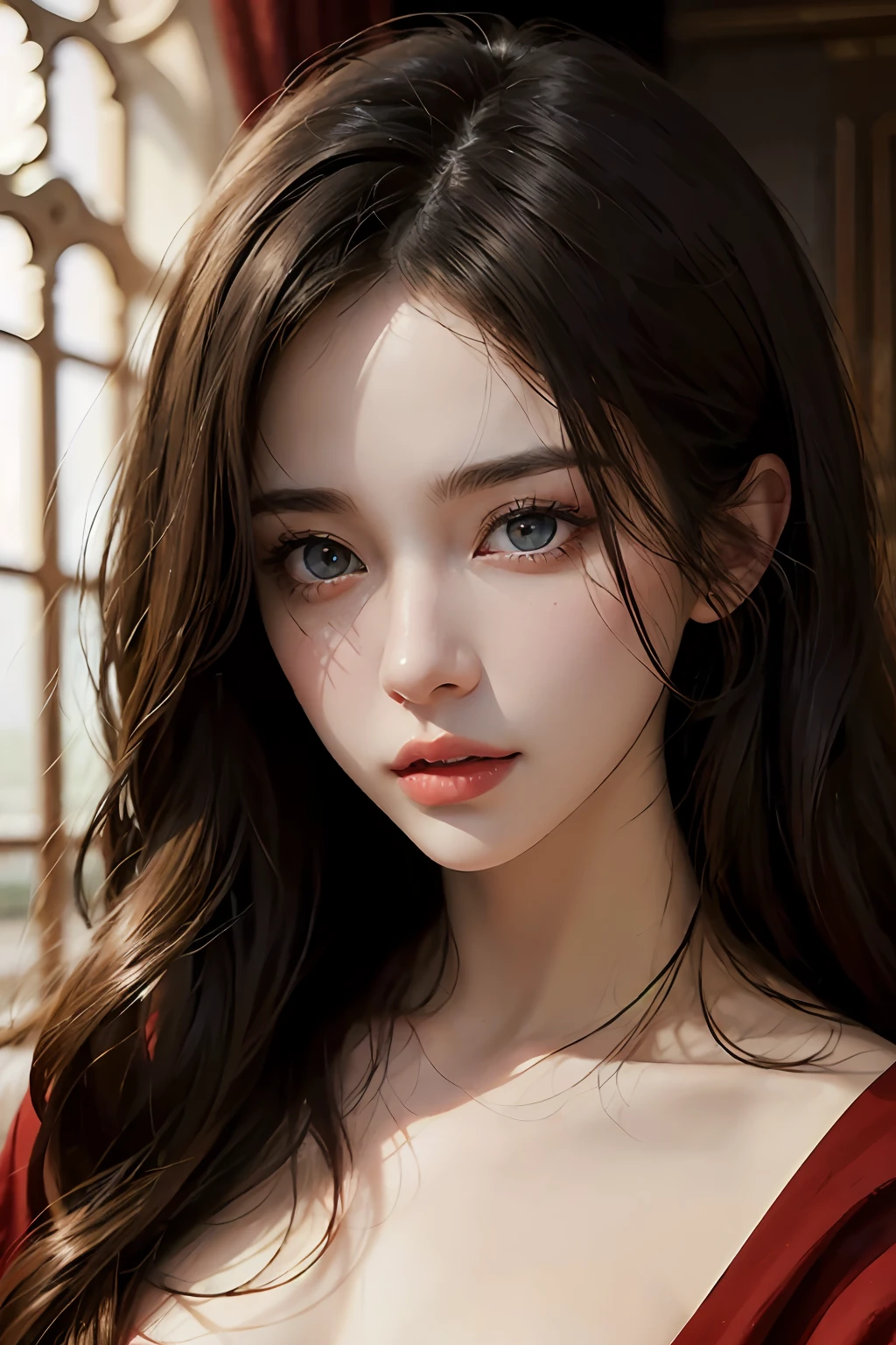 "((ultra-realistic realism+Pure),eyes with brightness,White Skin Skin),hight contrast,High-definition image quality,Dynamic tilt,High nose,Magnificent palace,Flare effect,Realistic details,Unity 8k壁纸,Super fine,A masterpiece of beauty,top-quality,Glows skin,movie level lighting,The red robe fluttered,Sweet and lovely,cabelos preto e longos。"