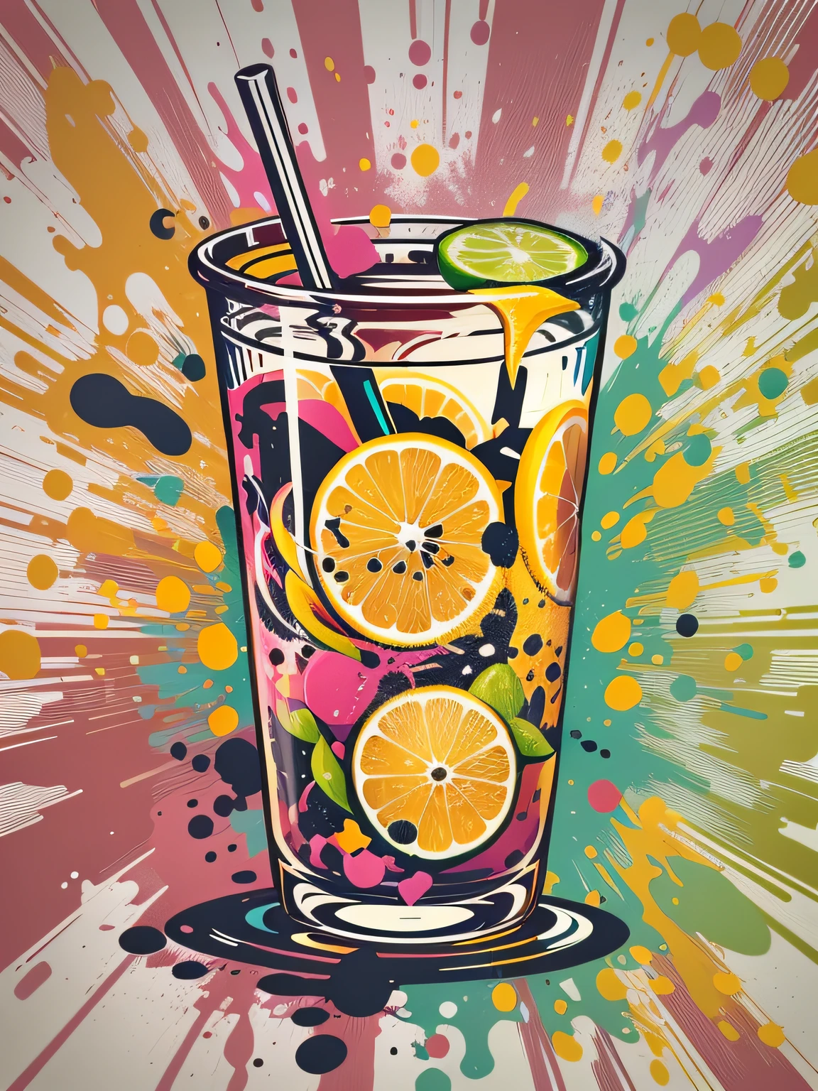 vector art, Colorful glass of lemonade with graffiti illustrations, Bright colors, paint splashes and blots, high detail, whitebackground