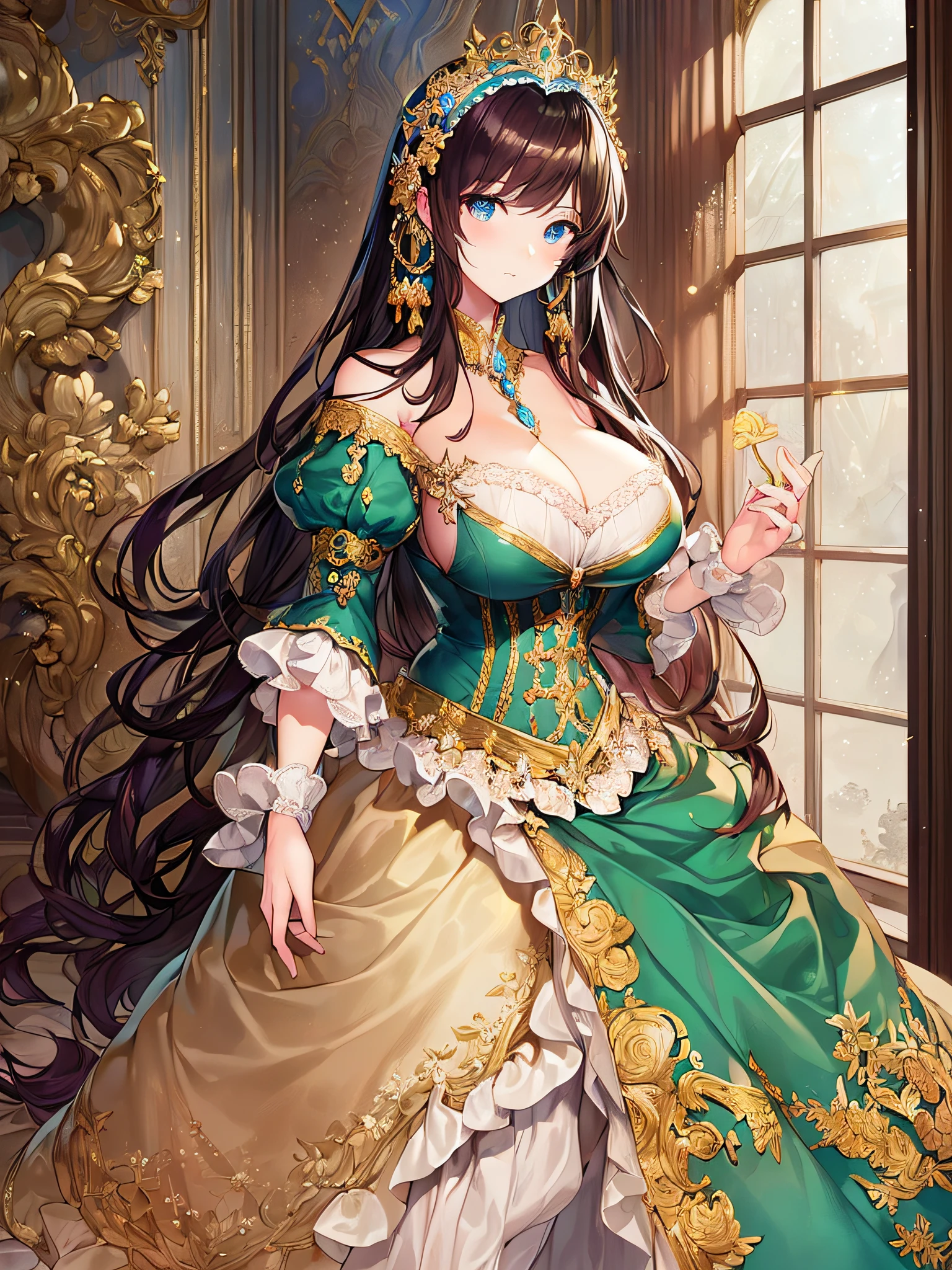 ((anime artstyle)),(Masterpiece),(Best Quality), (Super Detail),((Very Delicate and Beautiful)),((Solo)),((full body)),((1 princess in gorgeousfull rococo dress)),detailed face and eyes,jewel-like eyes,((voluminous Very Long Straight Hair)),((gigantic tits,Long tits)),skindentation,((gorgeousfull embroidery and lace)),gorgeous corsage,See-through,gorgeousfull hair ornament,gorgeousfull glitter jeweled tiara,ornate ruffles,((full body)),((hoop skirt,crinoline)),Dynamic Angle,Looking at viewer,(((gorgeous embroidery gorgeousfull rococo dress)),full body