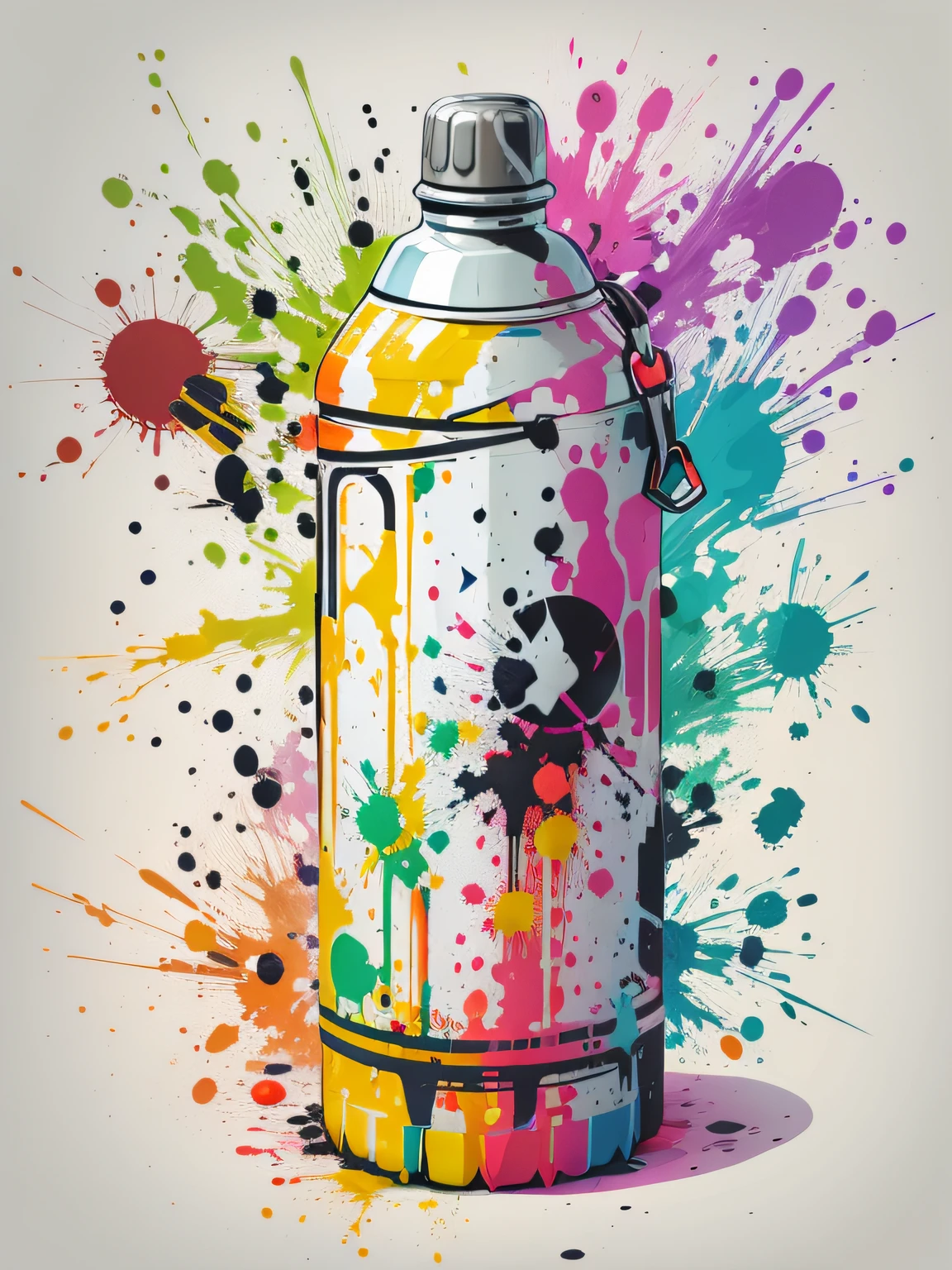 vector art, Colorful graffiti illustration water bottle, in the center, Bright colors, paint splashes and blots, high detail, whitebackground