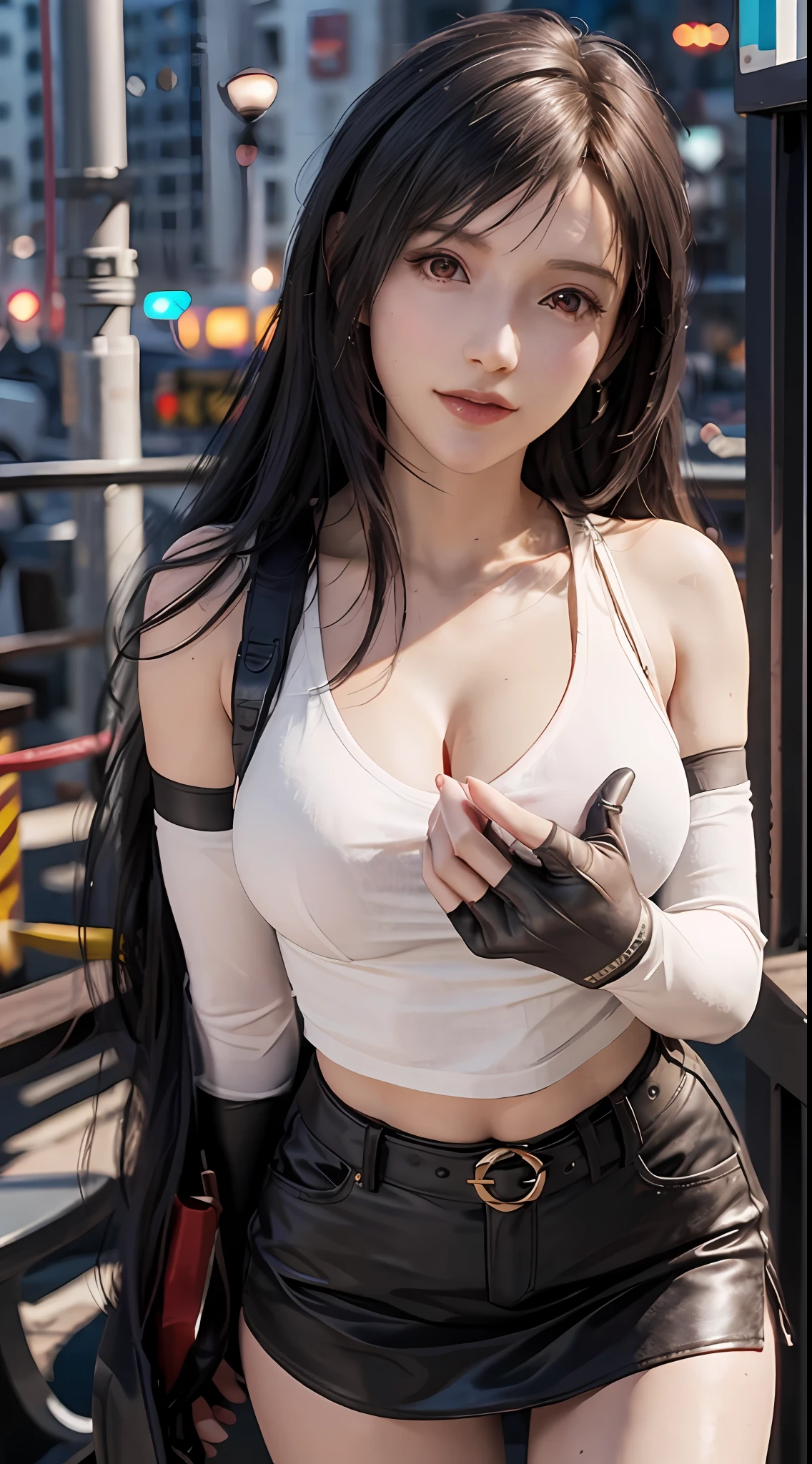 8K,tmasterpiece,bset quality,The large,(1个Giant Breast Girl),Tifa Lockhart,red color eyes,Top-down view,The rooftops of the city,brunette color hair,long whitr hair,profesional lighting,(shiny skins:1.2),shiny big,((best qualtiy)),tack sharp focus:1.2,Highly Detailed Face and Skin Textur,Detailed eyes,s the perfect face,Perfect body,blur art,CG,Background with,20yr old,Mature cool beautiful face,dressed in((Slip black skirt),black elbow gloves, white taut shirt,upper legs,Gilet blanc),Blushlush,Lively posture,(mittgal),Floating hair,Close-up above the chest,ssmile,cleavage