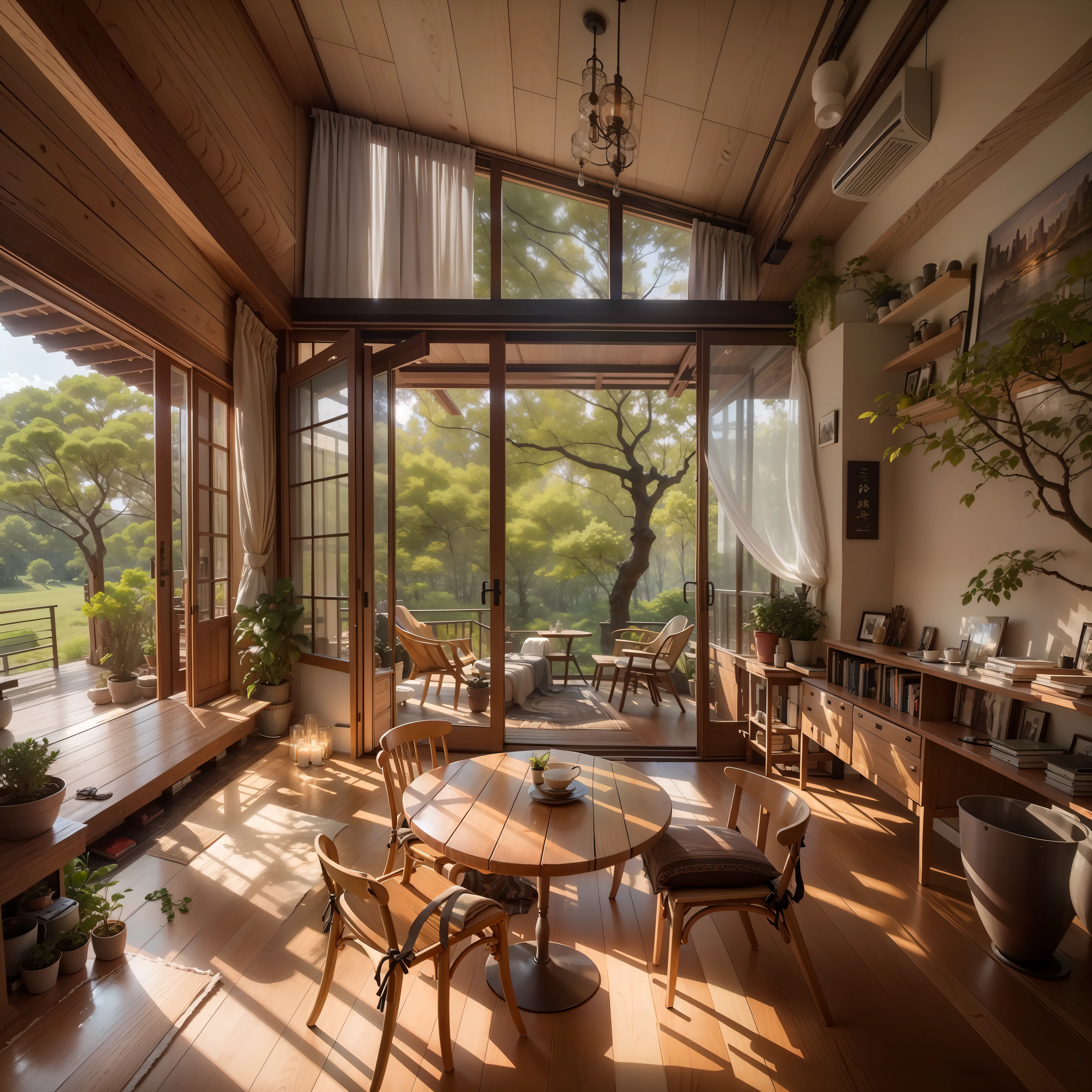 interior design、Insanely detailed wide-angle architectural photo、Cozy contemporary living room、(Bright and warm sunlight 1:0.1)、Award-winning contemporary interior design、landscapes、The table、a chair、in a house、Wooden flooring、window、resturant、east asian east asian architecture、sliding paper doors、abajour、architectural、the woods、naturey、cups、a plant、interior design、Insert lighting and shadows、depth of fields、low illuminance、