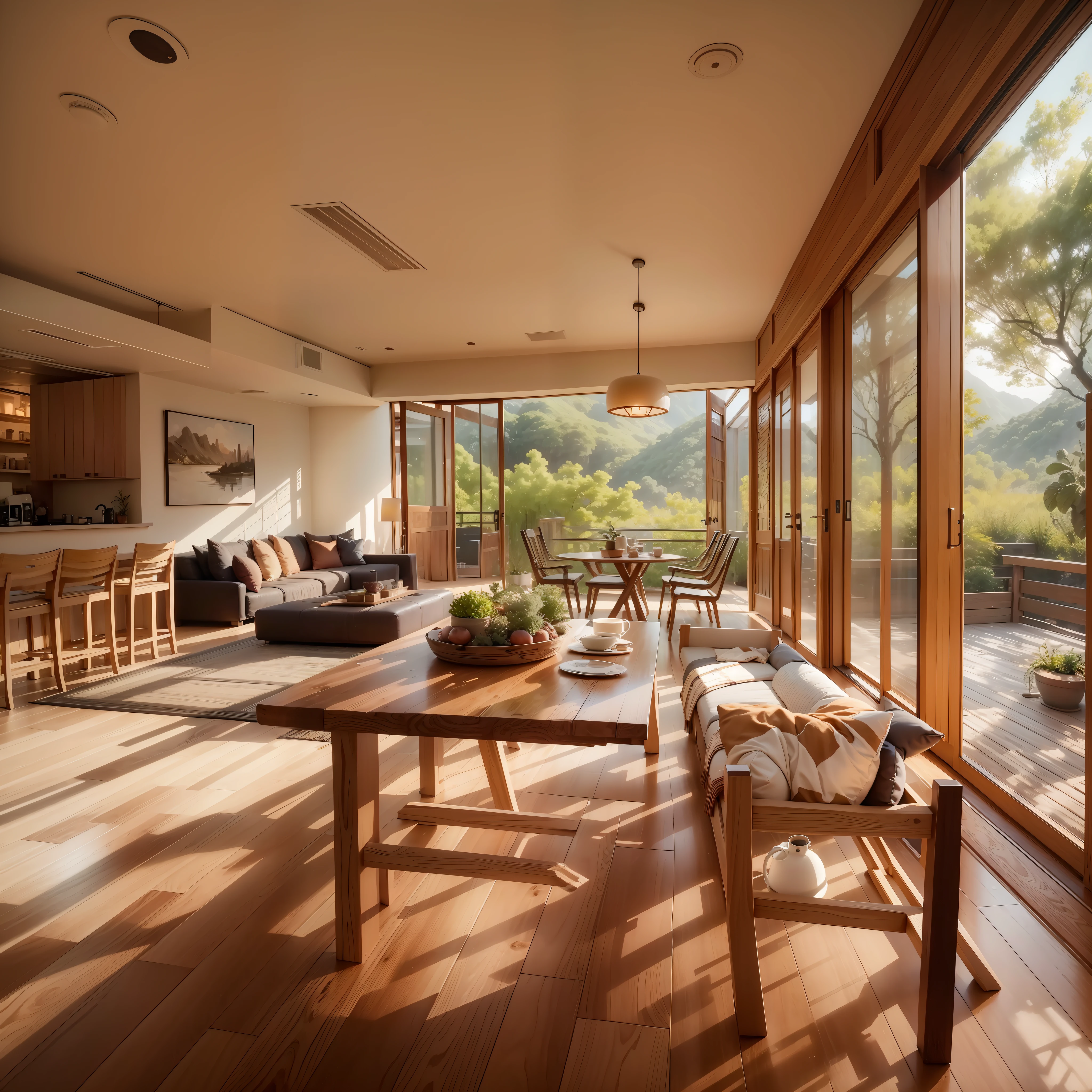 interior design、Insanely detailed wide-angle architectural photo、Cozy contemporary living room、(Bright and warm sunlight 1:0.1)、Award-winning contemporary interior design、landscapes、The table、a chair、in a house、Wooden flooring、window、resturant、east asian east asian architecture、sliding paper doors、abajour、architectural、the woods、naturey、cups、a plant、interior design、Insert lighting and shadows、depth of fields、low illuminance、