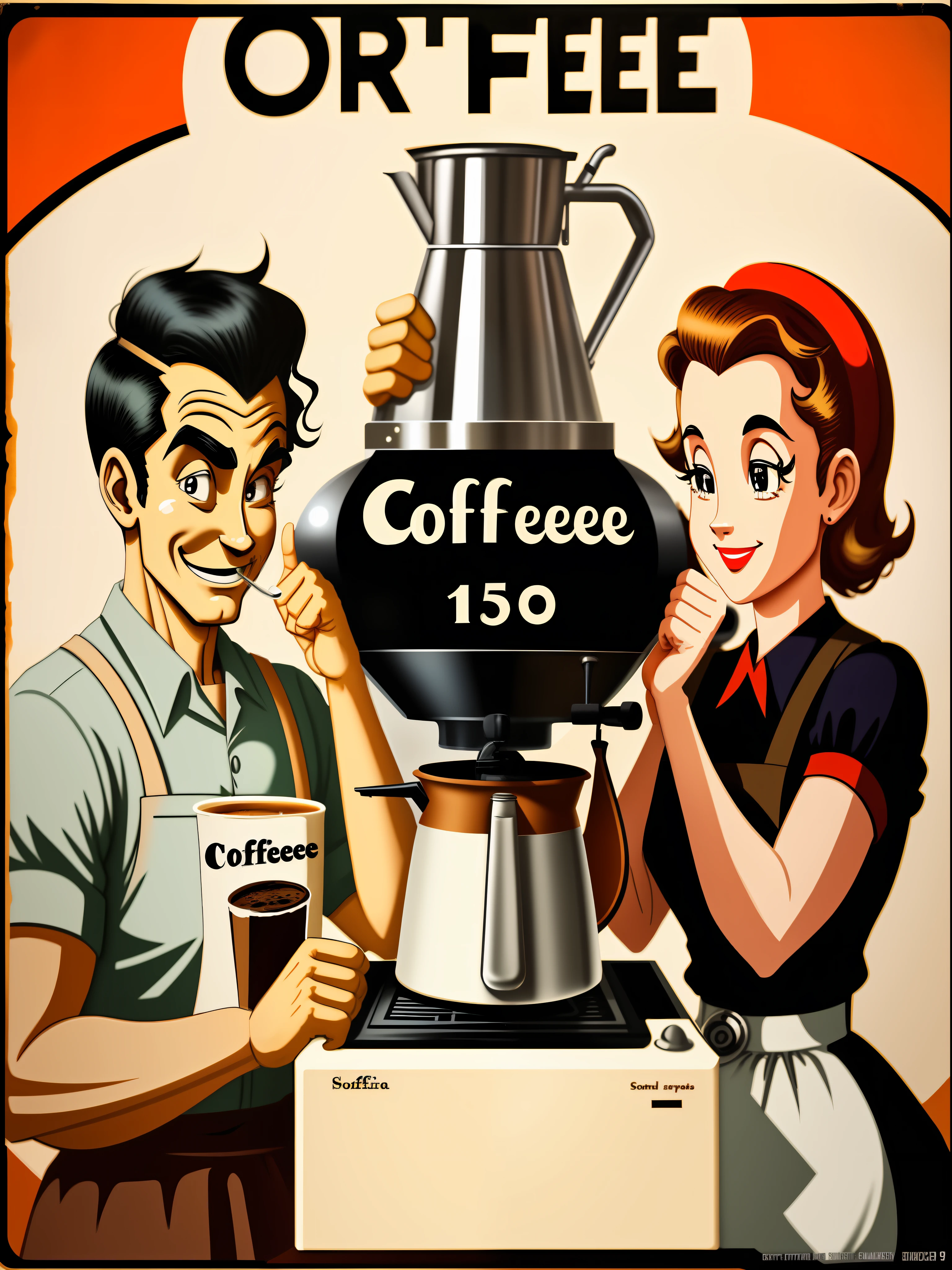 The process of brewing coffee，1950 poster style，Hand-brewed coffee，Make a smiley face with your fingers