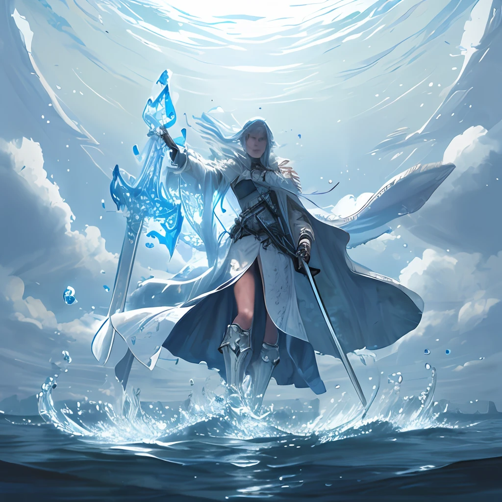 digital art, high quality, super fine detailed, mage, (floating water:1.2), transparent sword (emerging from water:1.2)