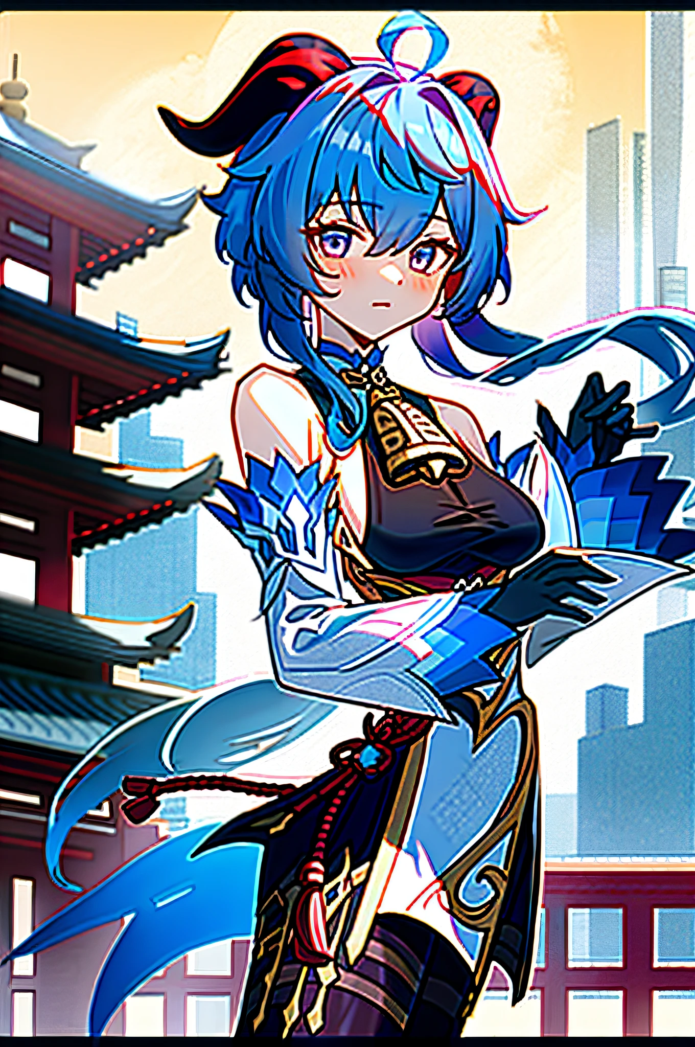 ganyu \(genshin impact\), 1girl, ahoge, architecture, bangs, bare shoulders, bell, black gloves, black pantyhose, ((blue hair)), blush, breasts, chinese knot, detached sleeves, east asian architecture, flower knot, gloves, horns, long hair, looking at viewer, medium breasts, neck bell, night, outdoors, pantyhose, purple eyes, sidelocks, solo, tassel,  white sleeves, ((masterpiece))