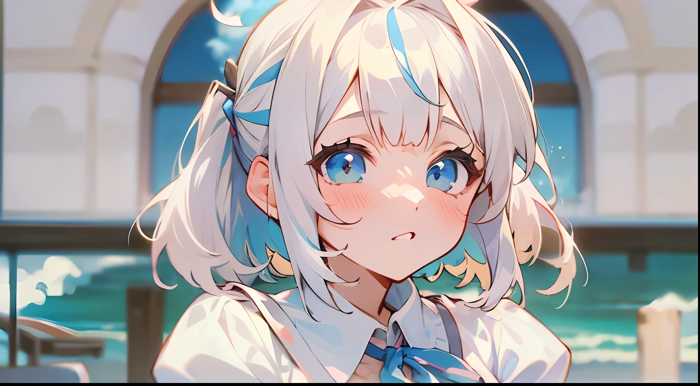 ((4K, masutepiece, absurderes, hight resolution, Best Quality, ultra-detailliert)), 1girl in, white short hair, Two-tone hair, Pony tail, Forehead, bangs pinned back, Ahoge, Light blue eyes, Cute, blush, upward-eyed, Big eyes, tareme, Beach, Dress, cumulonimbus clouds