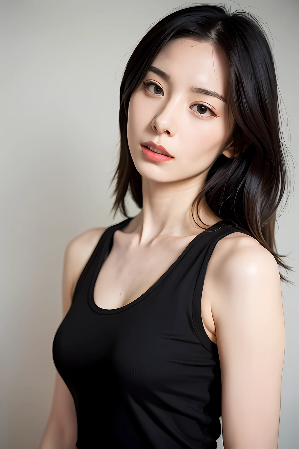 (extra detailed body、extra detailed face、best qualtiy:1.2)、femele、looking at the viewers、(Black tank top、JINS)、(corvette:1.4)
