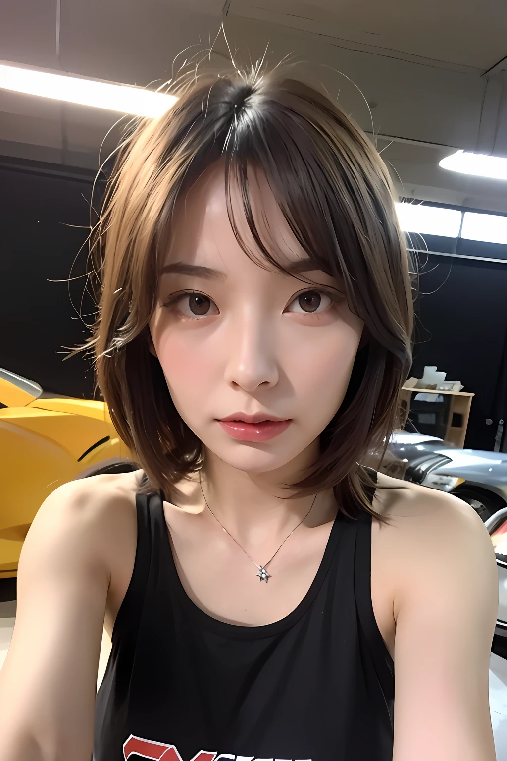 (extra detailed body、extra detailed face、best qualtiy:1.2)、femele、looking at the viewers、(Black tank top、JINS)、(corvette:1.4)