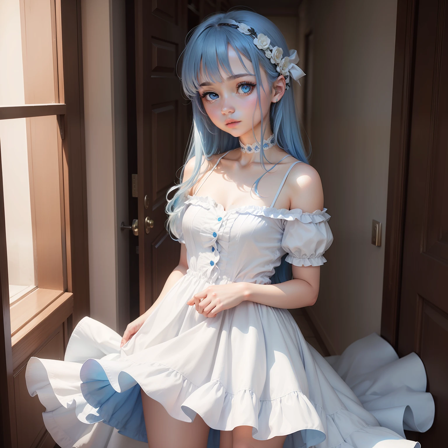 a girl, blue hair, blue eyes, white dress