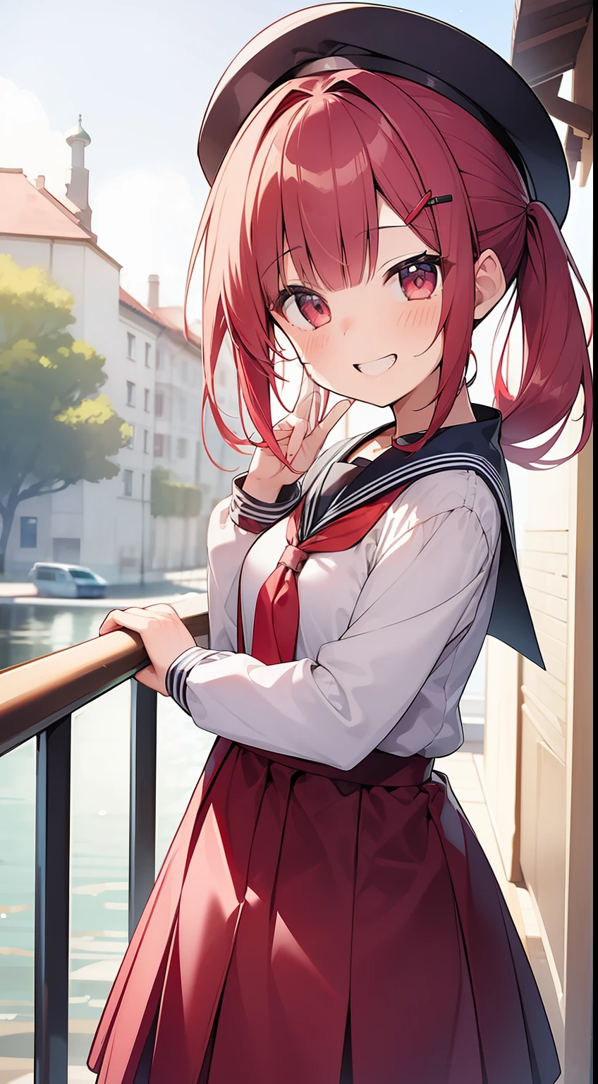 One girl、Scarlet-colored hair、poneyTail、a sailor suit、laugh、a smile、A delightful、cute little、smile