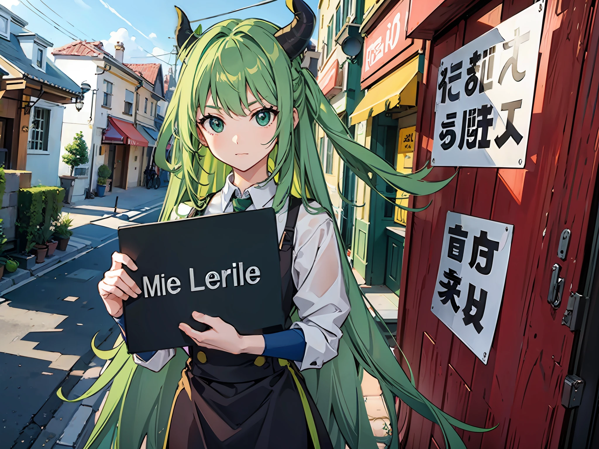 lime green hair, long black horns, simple horns