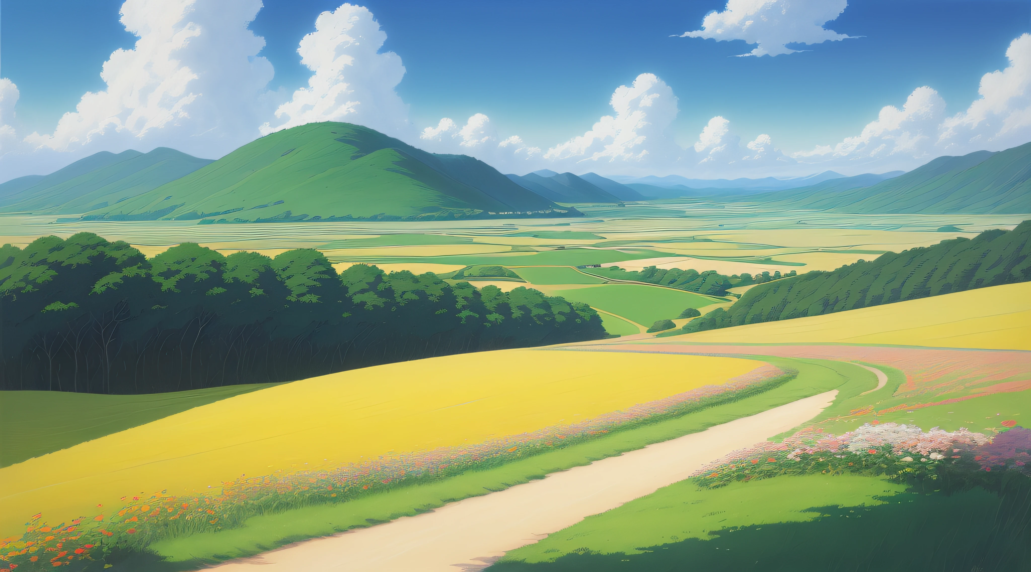 Realistic, real, beautiful and stunning landscape oil painting Studio Ghibli Hayao Miyazaki Petals Grassland Blue Sky Grassland Country Road --v6