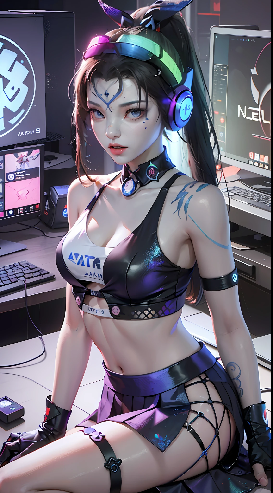 (((((7 avatar shot)))), Silver Wolf, Masterpiece, Best Quality, Ultra Detailed, Extremely Detailed 16k CG Wallpaper, Beautiful Face, (Silver Wolf in Esports Room), (Perfect Beautiful Curved Figure), Seated, Rainbow Color Jewel Eyes, Wearing Resin Hologram Sports Bra, Crop Top Drape, Mini Pleated Skirt, Bell Collar, Logo, Impotence, Contour Light, Concert, Neon Sign, Audio, Bell Collar, Esports Headset, Computer, Esports Room, Play Games, White Interior Through Red Skin, holographic projection, flat sphere, graffiti logo, highly detailed tattoo_,
Authoring information