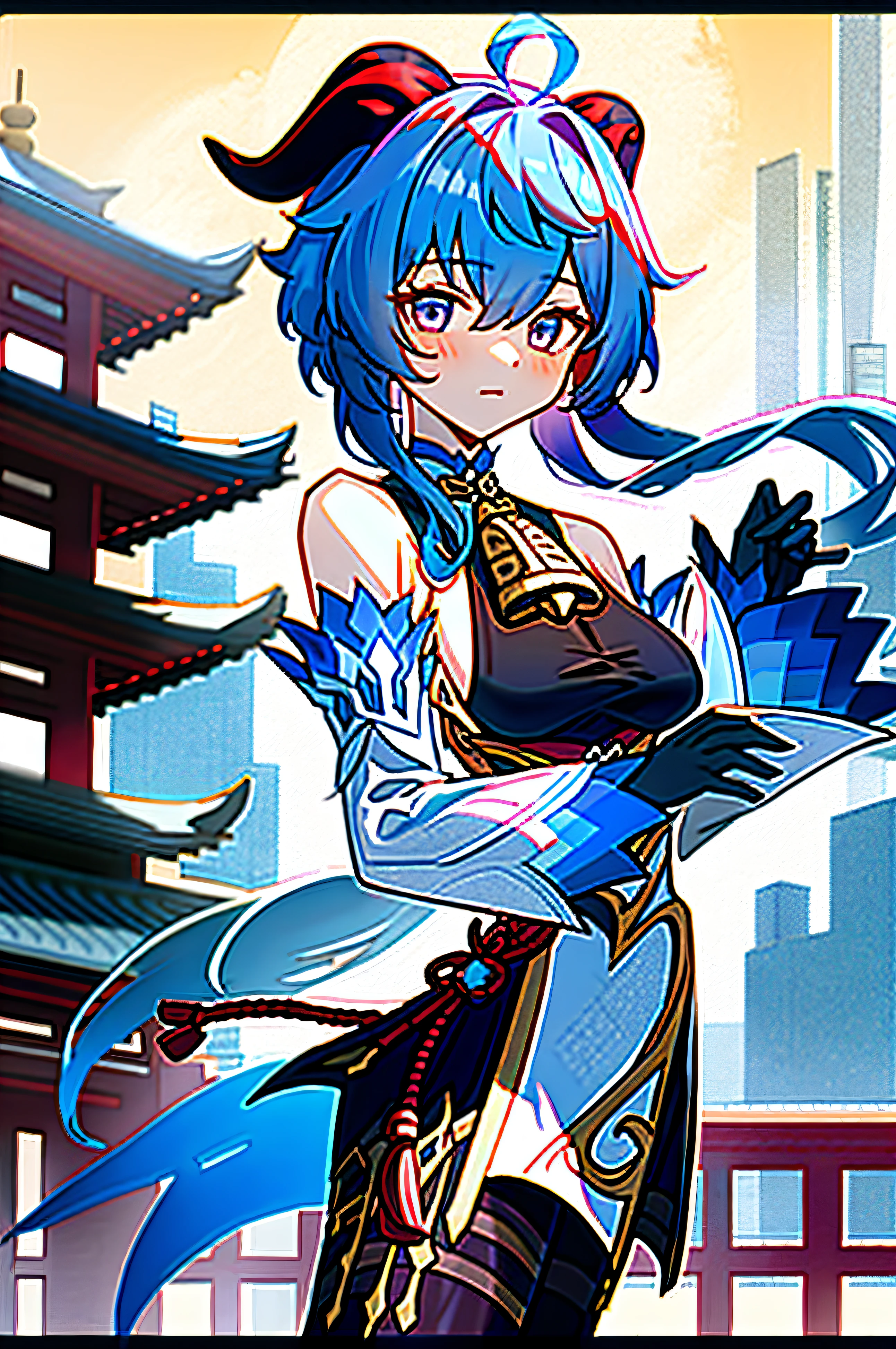 ganyu \(genshin impact\), 1girl, ahoge, architecture, bangs, bare shoulders, bell, black gloves, black pantyhose, ((blue hair)), blush, breasts, chinese knot, detached sleeves, east asian architecture, flower knot, gloves, horns, long hair, looking at viewer, medium breasts, neck bell, night, outdoors, pantyhose, purple eyes, sidelocks, solo, tassel, white sleeves, ((masterpiece))