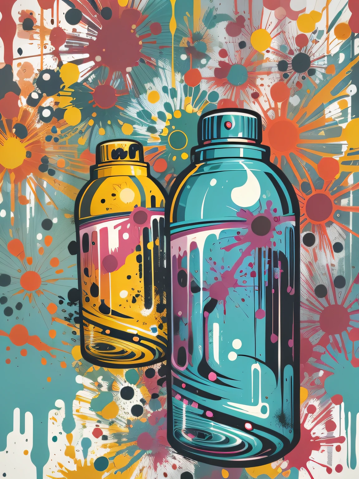 vector art, Colorful graffiti illustration water bottle, in the center, Bright colors, paint splashes and blots, high detail, whitebackground