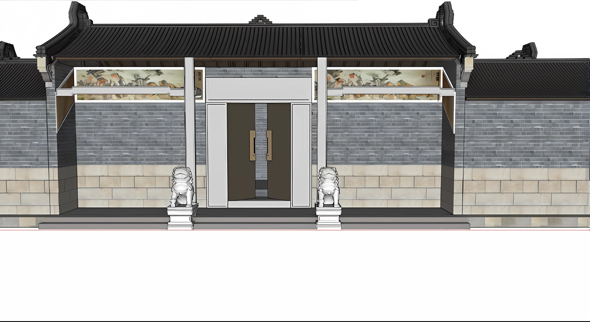 Alafid view of building with doors and windows, up front view, front elevation view, orthographic 3d rendering, up front view, a digital rendering, frontage, front view dramatic, Front perspective, Front view, front elevation, A digital rendering, elevation view, inspired by Dong Yuan, detail render, an extremely detailed building, architectural section, Detailed rendering