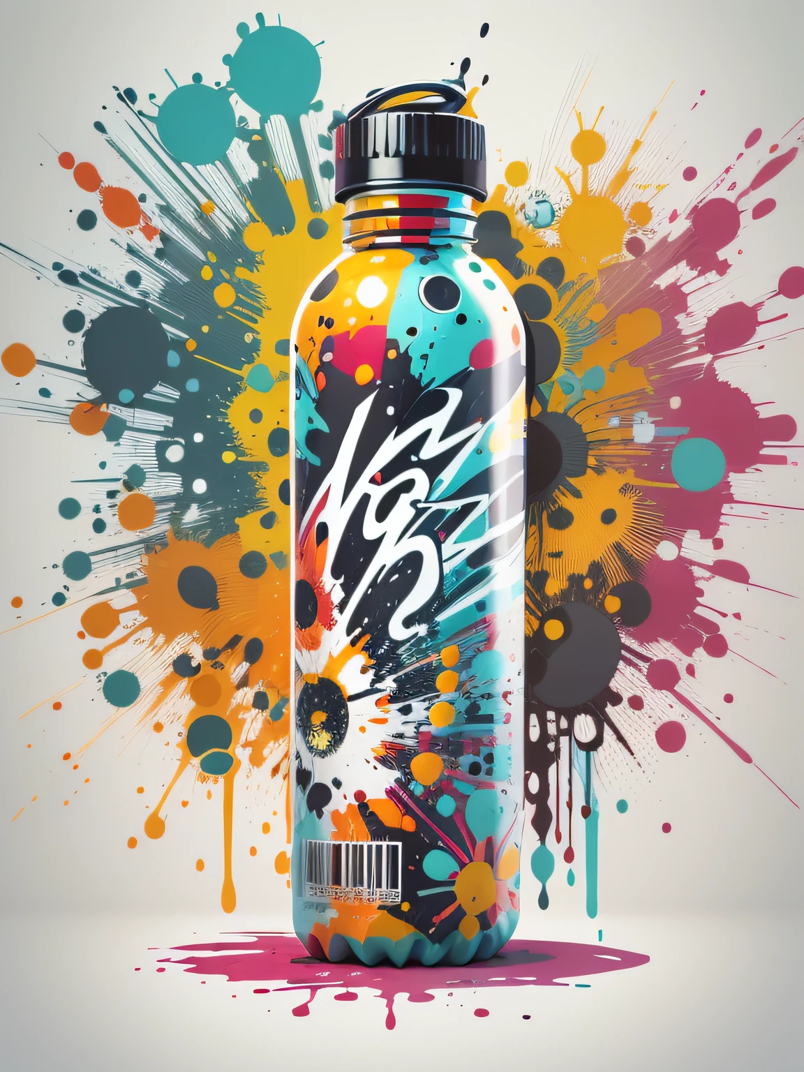 vector art, Colorful graffiti illustration water bottle, in the center, Bright colors, paint splashes and blots, high detail, whitebackground