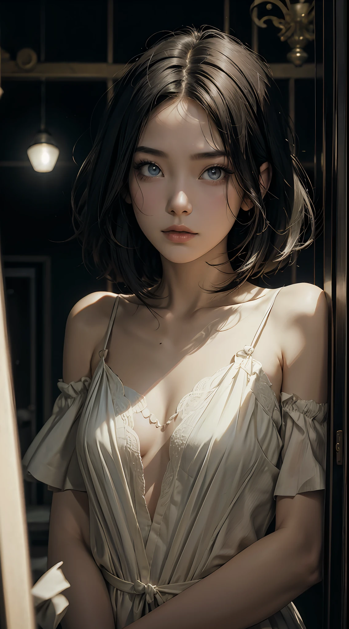 a beauty girl、natta、Onepiece、Plain dress、off shoulders、Floating hair, Short hair, secret room、canny、Black Parade、surrealism, Verism, Cinematic lighting, Glowing light, drop shadow, Fisheye, ultra wide-angle, F/16, masutepiece, High quality, high details, Super Detail, Textured skin, Best Quality, 4K