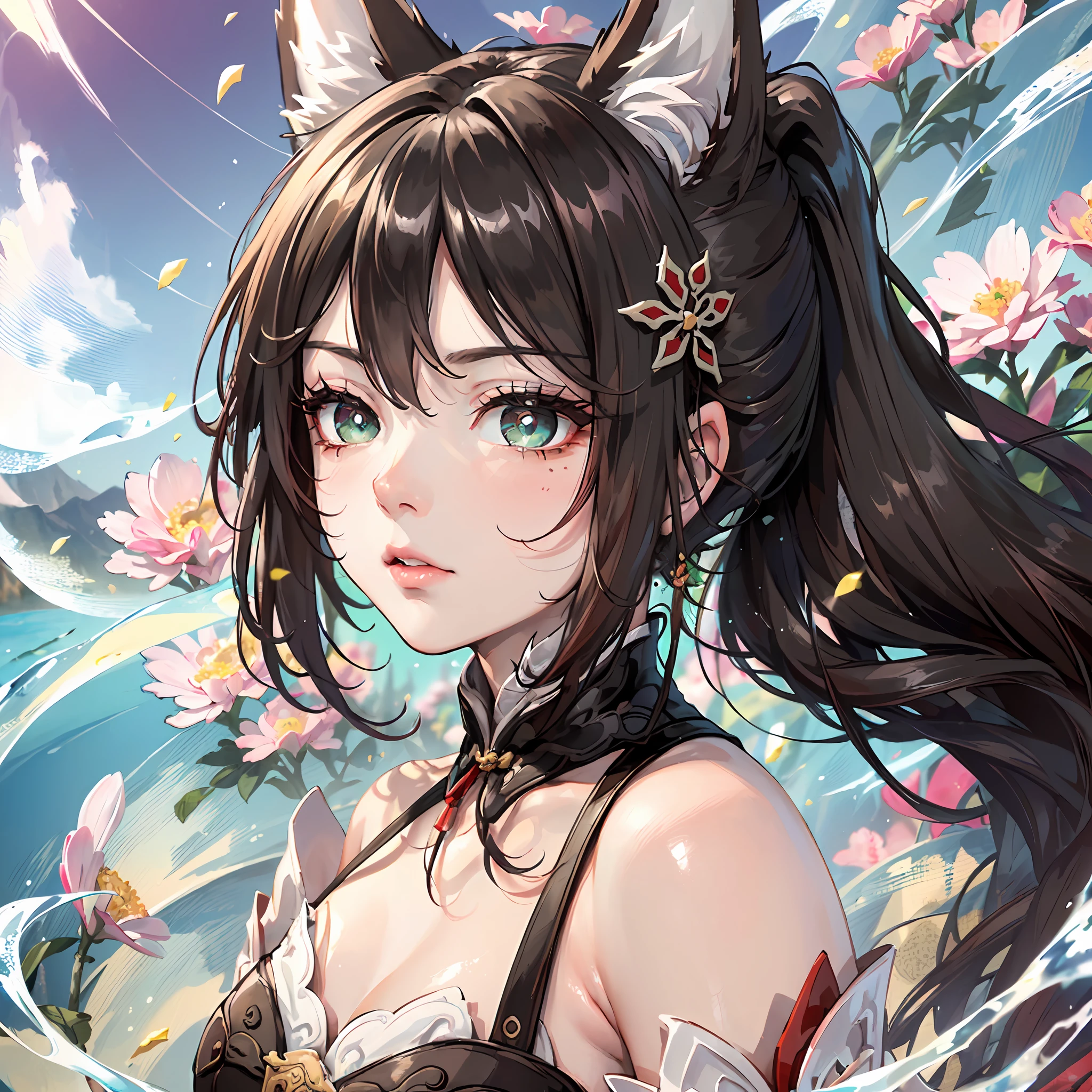 (Dynamic angle,head,headshot,Facial close-up,sky,water,imid shot, flower effect,particle effect,artistic effect:1.2), blush stickers,mole under eye,(Big fox ears:1.2), angry, frown,(floating and spread hair:1.2), (detailed and delicate and flexible eyes),(1girl,solo, Tingyun (Honkai Star Rail),splash ink,shout,dark brown hair,green eyes,bare shoulders, jewerly, ponytail, medium hair, brown hair, medium breasts,detached sleeves,), (corrpution:1.15), fov,f/1.8, side lighting, sunlight ,(masterpiece, best quality, Ultra Detail, wallpaper, detailed shiny skin, flawless, 8k, RAW, highres,absurdres,:1.3), (detailed super oily shiny skin:1.1), colorful, power,zhenbanqiao,bonian