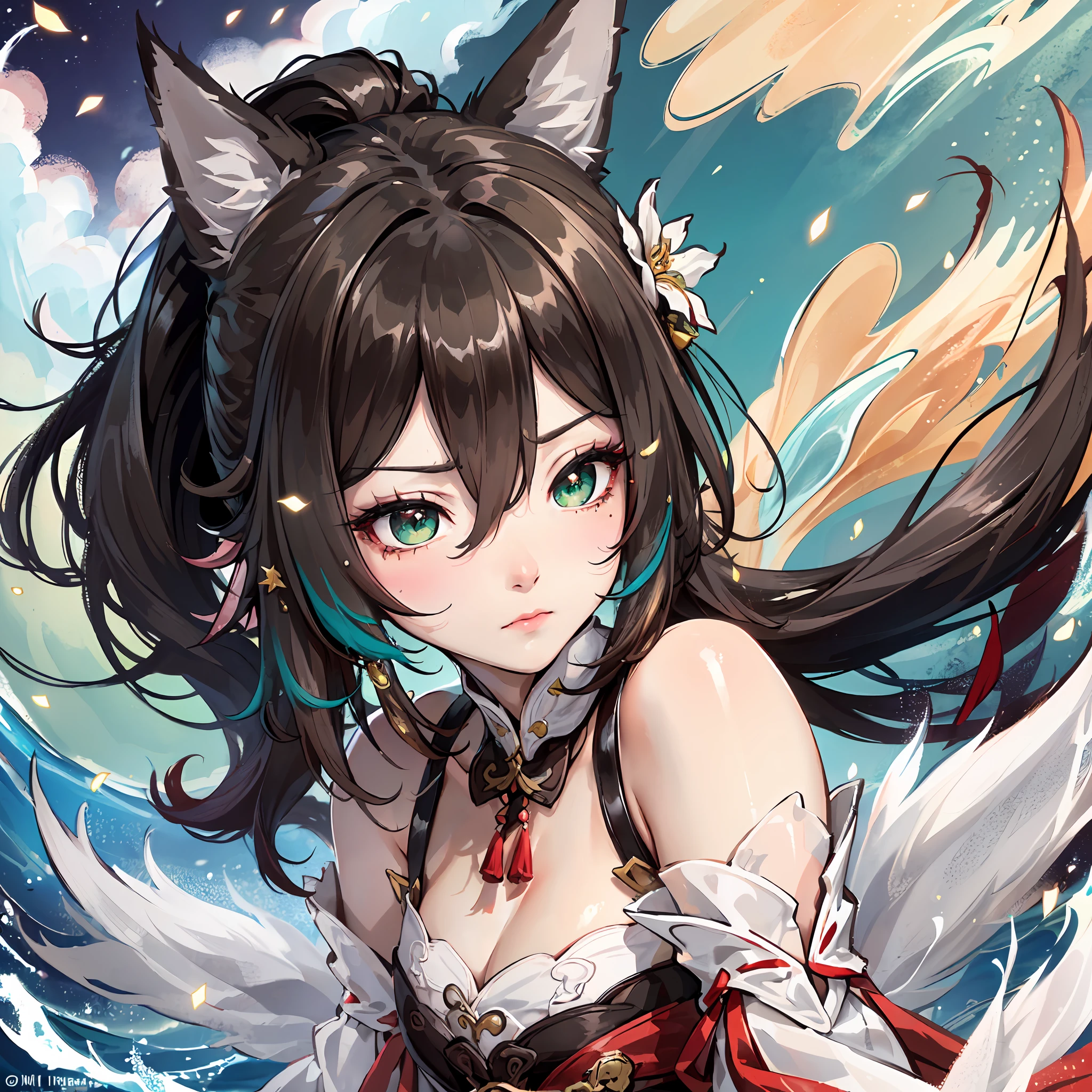 (Dynamic angle,head,headshot,Facial close-up,sky,water,imid shot, flower effect,particle effect,artistic effect:1.2), blush stickers,mole under eye,(Big fox ears:1.2), angry, frown,(floating and spread hair:1.2), (detailed and delicate and flexible eyes),(1girl,solo, Tingyun (Honkai Star Rail),splash ink,shout,dark brown hair,green eyes,bare shoulders, jewerly, ponytail, medium hair, brown hair, medium breasts,detached sleeves,), (corrpution:1.15), fov,f/1.8, side lighting, sunlight ,(masterpiece, best quality, Ultra Detail, wallpaper, detailed shiny skin, flawless, 8k, RAW, highres,absurdres,:1.3), (detailed super oily shiny skin:1.1), colorful, power,zhenbanqiao,bonian