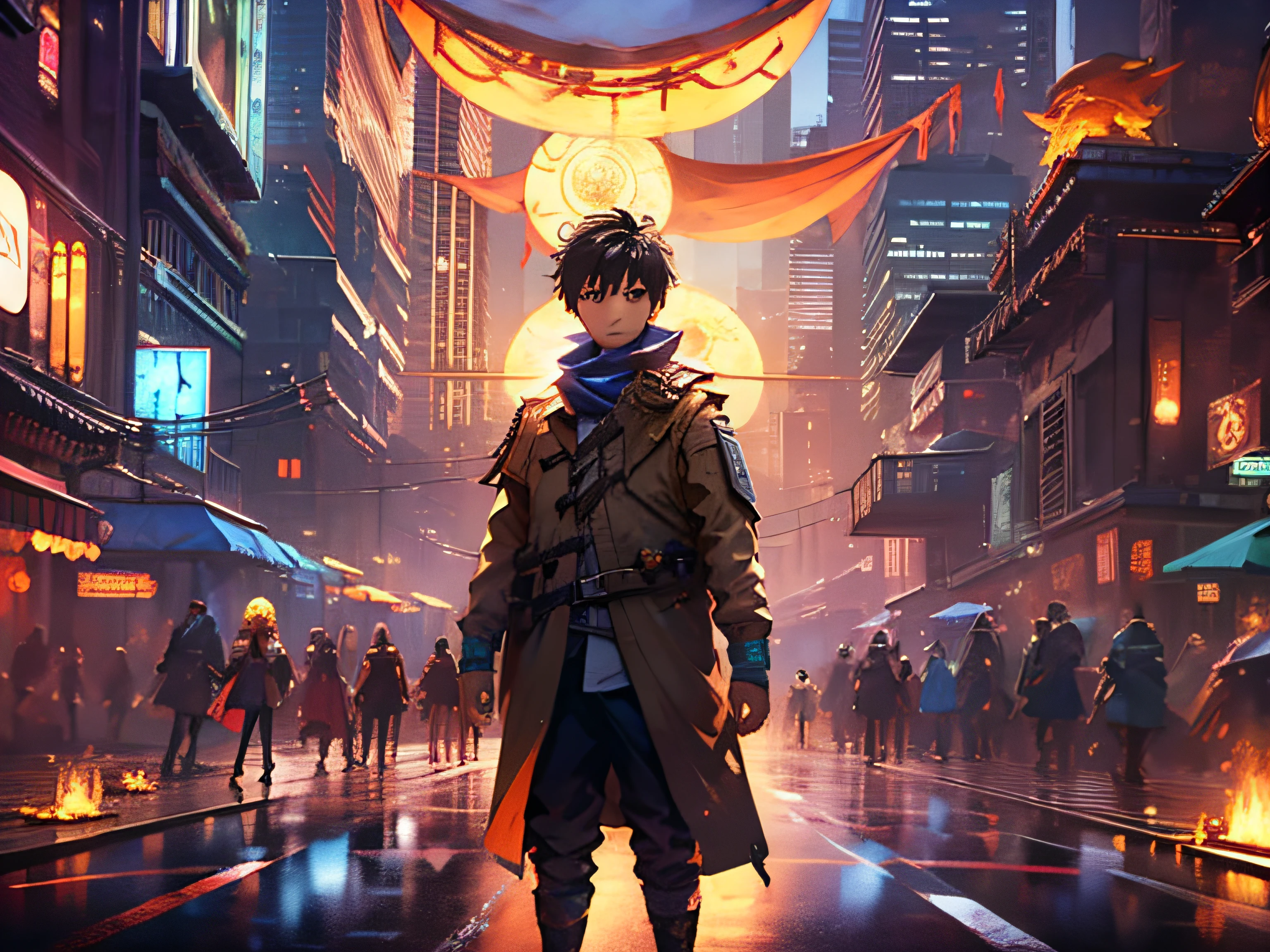 Apocalyptic city, Large crowds, male , 20 years old, Standing in the middle of the road
