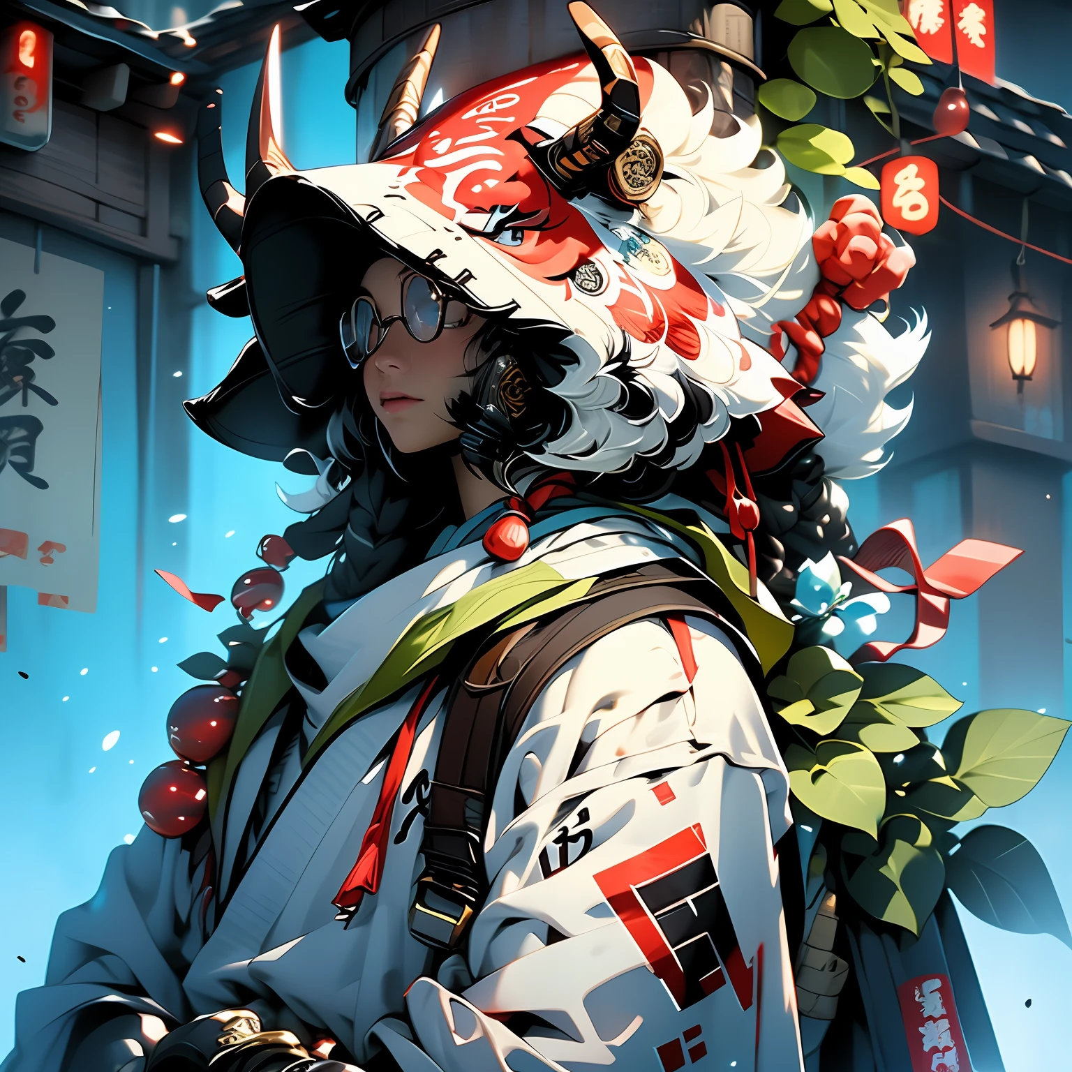 Create an AI illustration of a confident female samurai with red hair, curly long hair, and blue eyes. She has a strong expression and tanned skin, with two oni horns on her forehead.large_breasts, She is wearing a sturdy suit of armor and holds a (cigarette while) confidently wielding an exceptionally large Japanese gun in the midst of a battle. The background depicts houses from the Edo period on fire. Please generate the illustration in the highest quality possible.