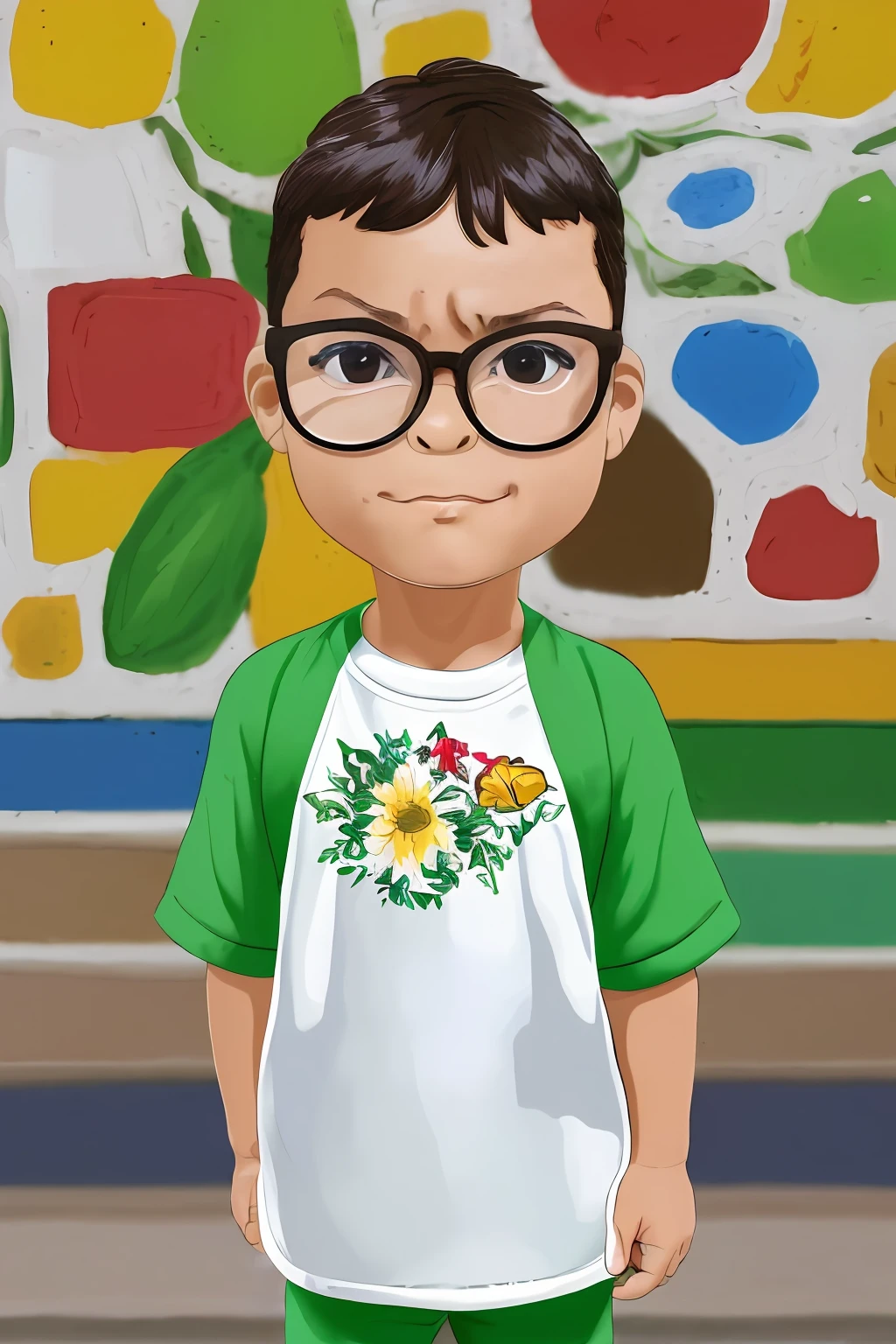 guttonervision8, Illustration of a 3-year-old boy wearing glasses, (detalhes de rosto e pele:1.3), (corpo inteiro:1.3), Playing in a square with garden, flor, banco de madeira, sol brilhante. (Estilo desenho animado:1.5), (estilo chibi:1.3). Detalhes intrincados. Uhd.