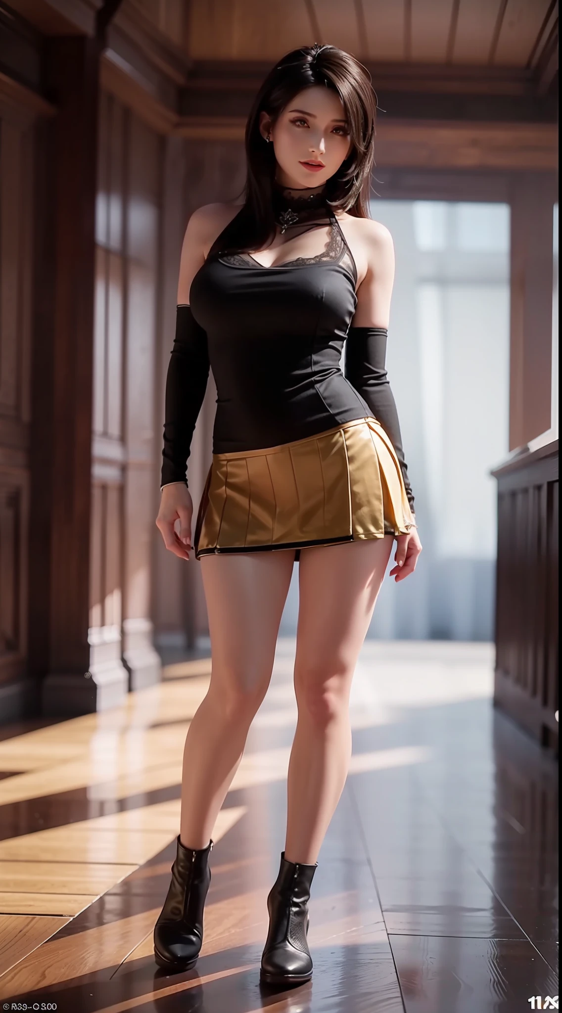 Masterpiece, Best Quality, (Realistic, Photo Realistic: 1.37), 8K, An Extremely Delicate and Beautiful, Amazing, Fine Detail, Official Art, Absurd, Incredibly Absurd, Huge File Size, Ultra Detailed, Extremely Detailed, Beautiful Meticulous Girl, 1 Girl, (Perfect Female Figure), Full Body, Short Skirt, Long Legs,