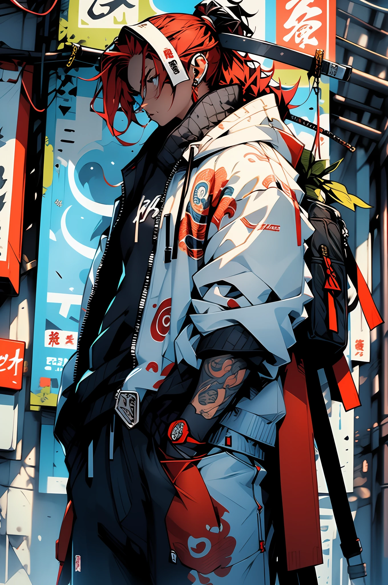 Create an AI illustration of a confident female samurai with red hair, curly long hair, and blue eyes. She has a strong expression and tanned skin, with two oni horns on her forehead.large_breasts, She is wearing a sturdy suit of armor and holds a (cigarette while) confidently wielding an exceptionally large Japanese gun in the midst of a battle. The background depicts houses from the Edo period on fire. Please generate the illustration in the highest quality possible.
