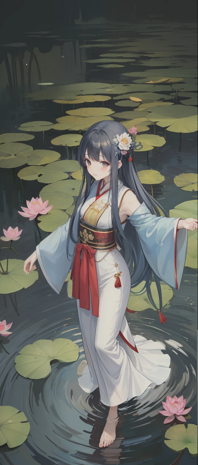 ((4k,masterpiece,best quality)), shuimobysim, traditional chinese ink painting, lotus, hanfu, maxiskit, dress conservatively 1girl, solo, long blue hair, smile, standing, feet in the water, barefoot,