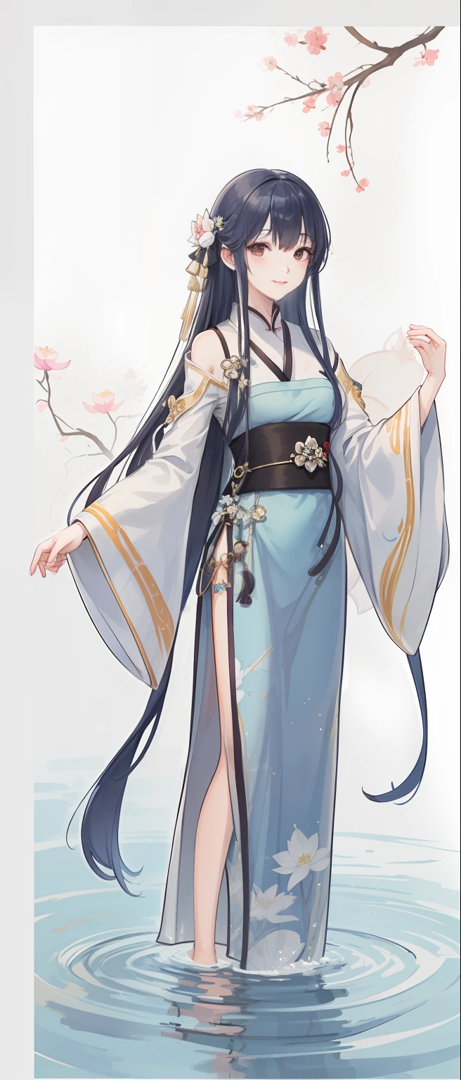 ((4k,masterpiece,best quality)), shuimobysim, traditional chinese ink painting, lotus, hanfu, maxiskit, dress conservatively 1girl, solo, long blue hair, smile, standing, feet in the water, barefoot,